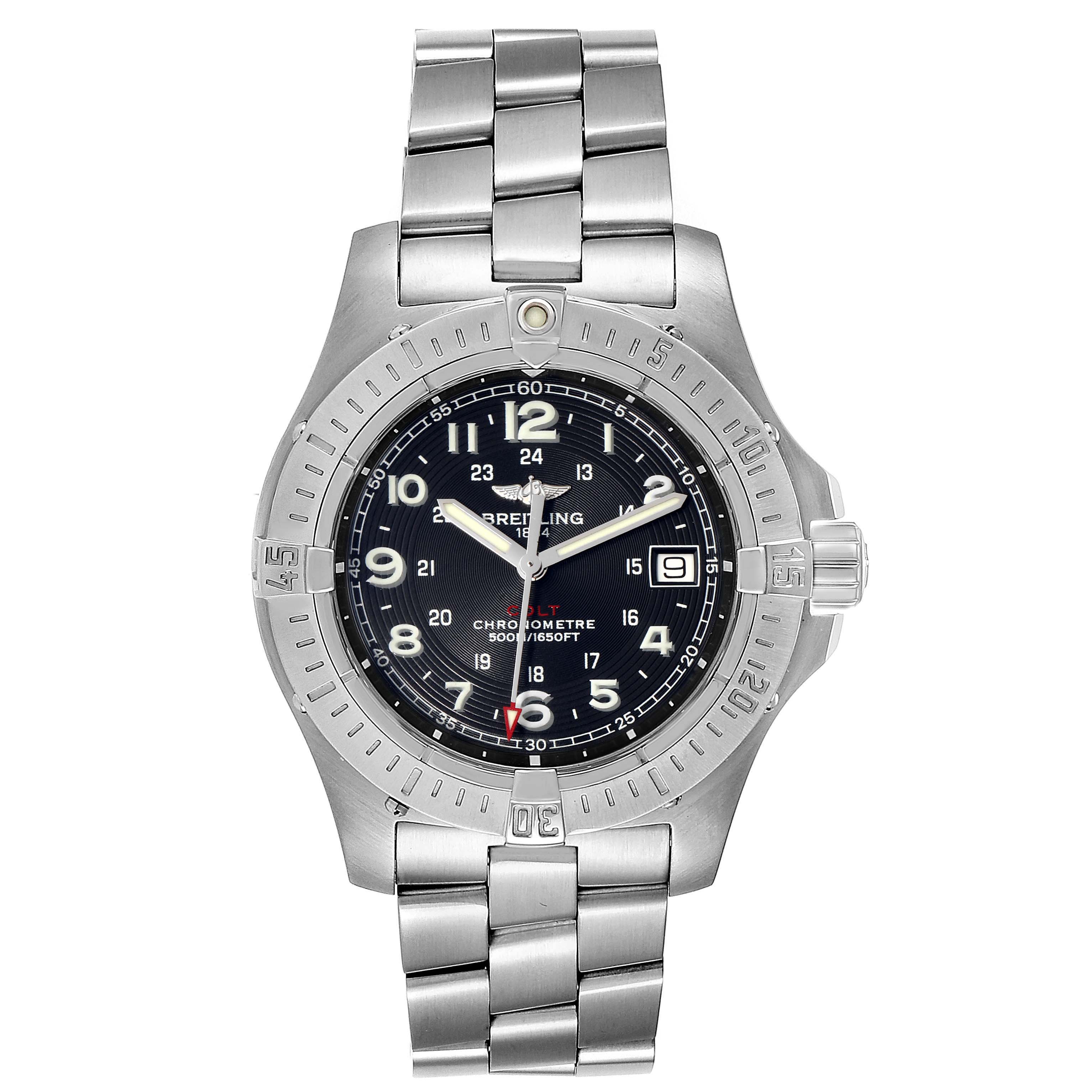 The image shows a frontal view of a Breitling Colt A74380 Men's Stainless Steel Black Dial A74380 Men's Stainless Steel Black Dial model watch with its dial, bezel, crown, and stainless steel bracelet.