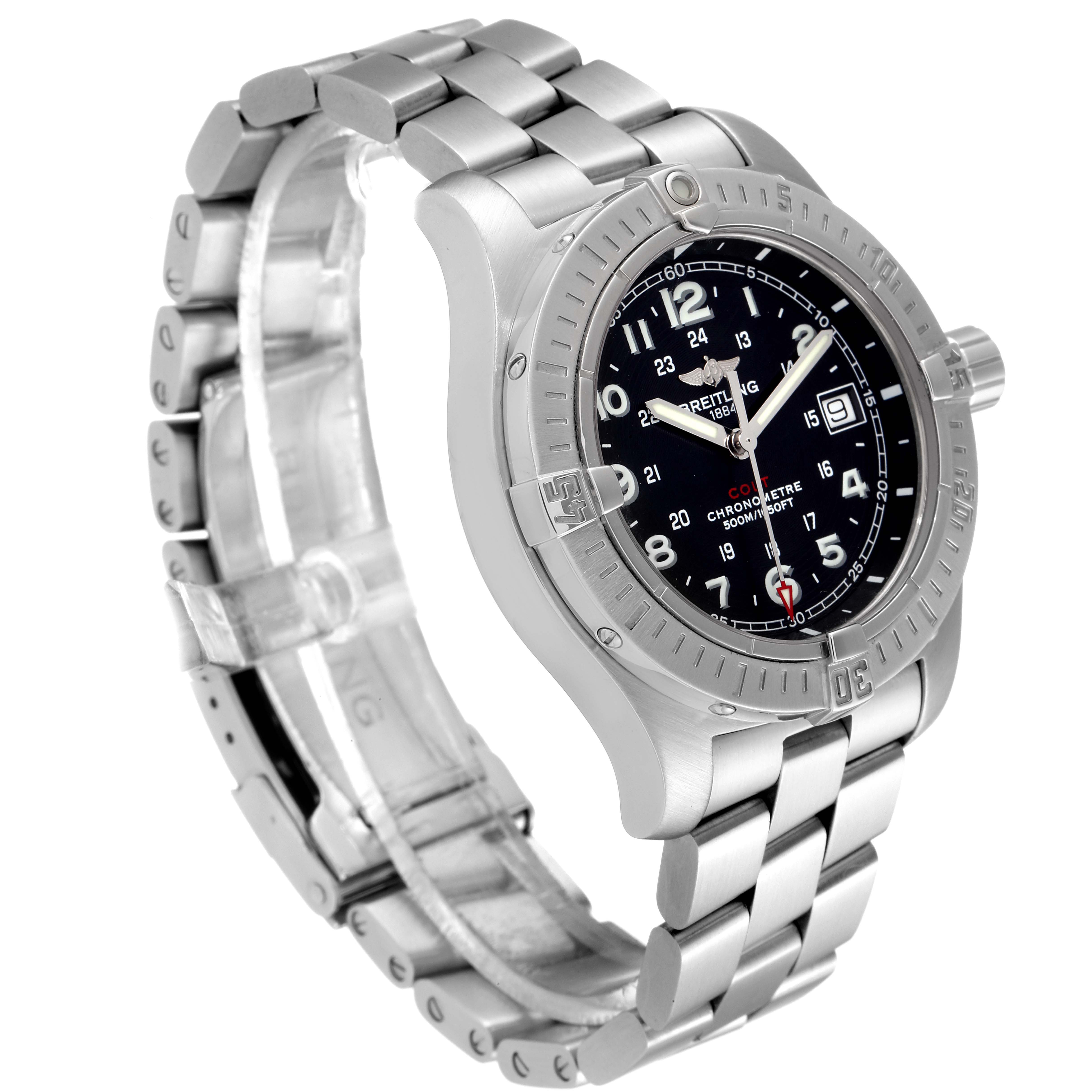 The Breitling Colt A74380 Men's Stainless Steel Black Dial A74380 Men's Stainless Steel Black Dial watch is shown at a slight angle, displaying its dial, bezel, crown, and stainless steel bracelet.