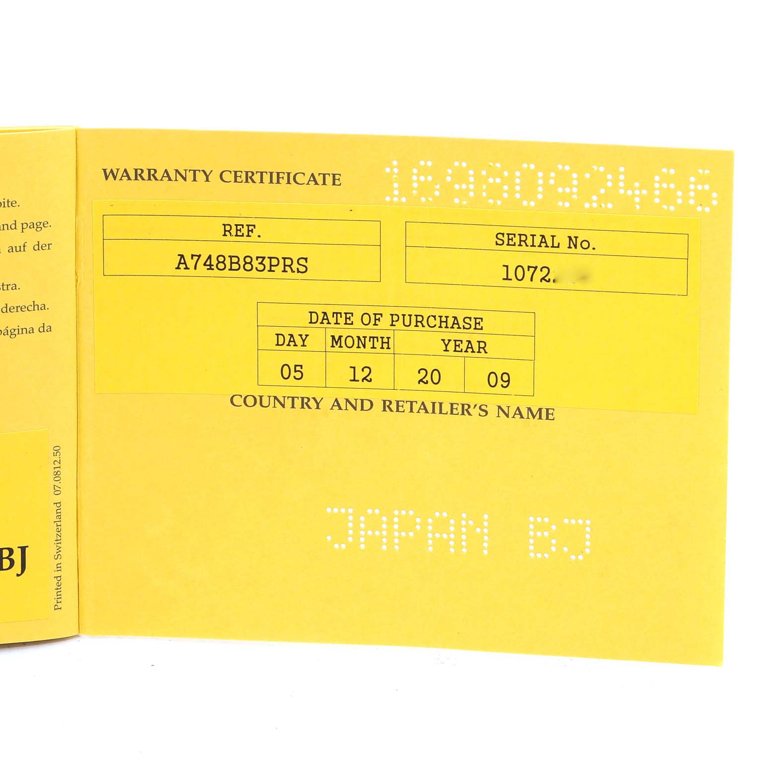 This image shows a warranty certificate for the Breitling Colt A74380 Men's Stainless Steel Black Dial A74380 Men's Stainless Steel Black Dial model.