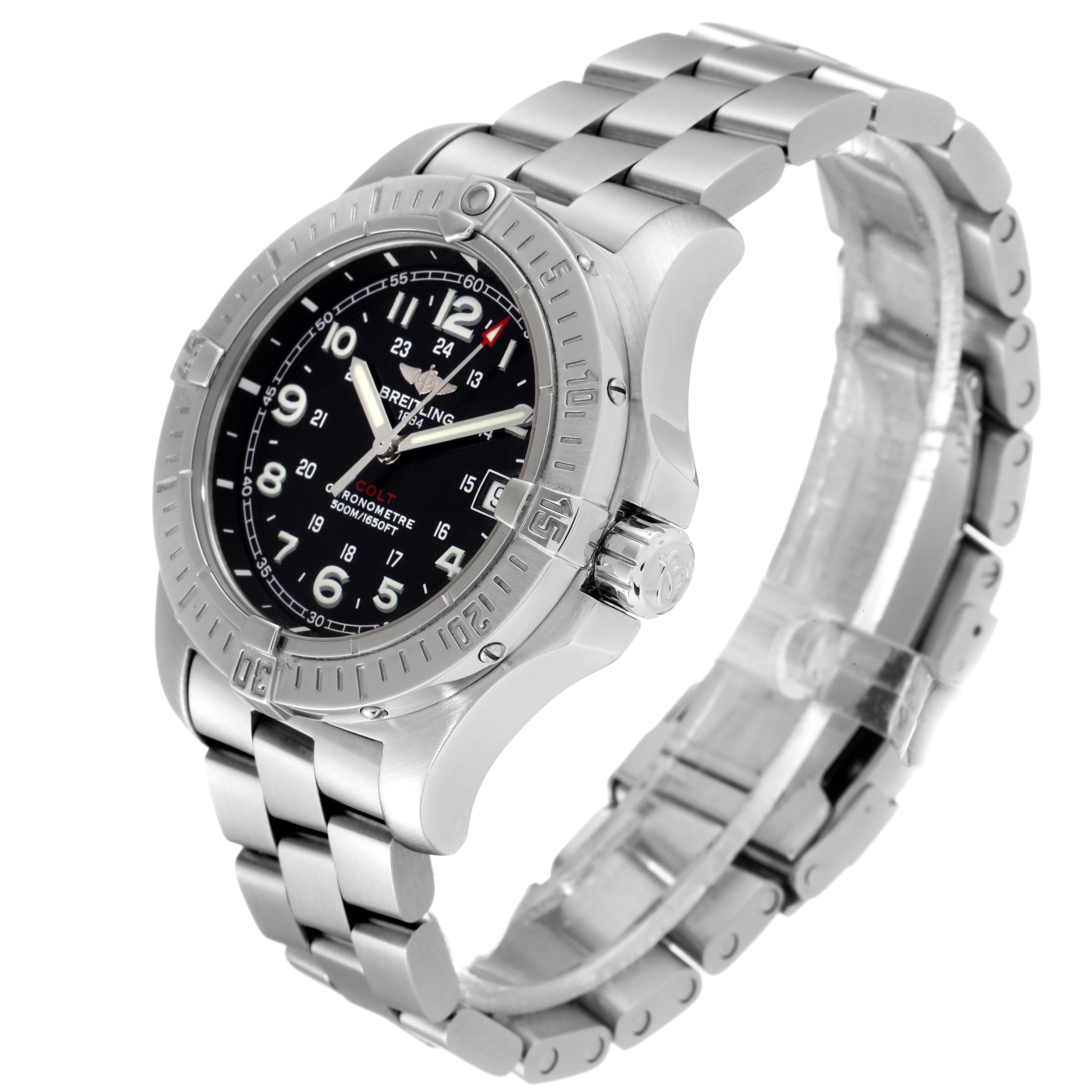 The image shows a Breitling Colt A74380 Men's Stainless Steel Black Dial A74380 Men's Stainless Steel Black Dial model watch from an angled perspective, highlighting the face, bezel, crown, and bracelet.