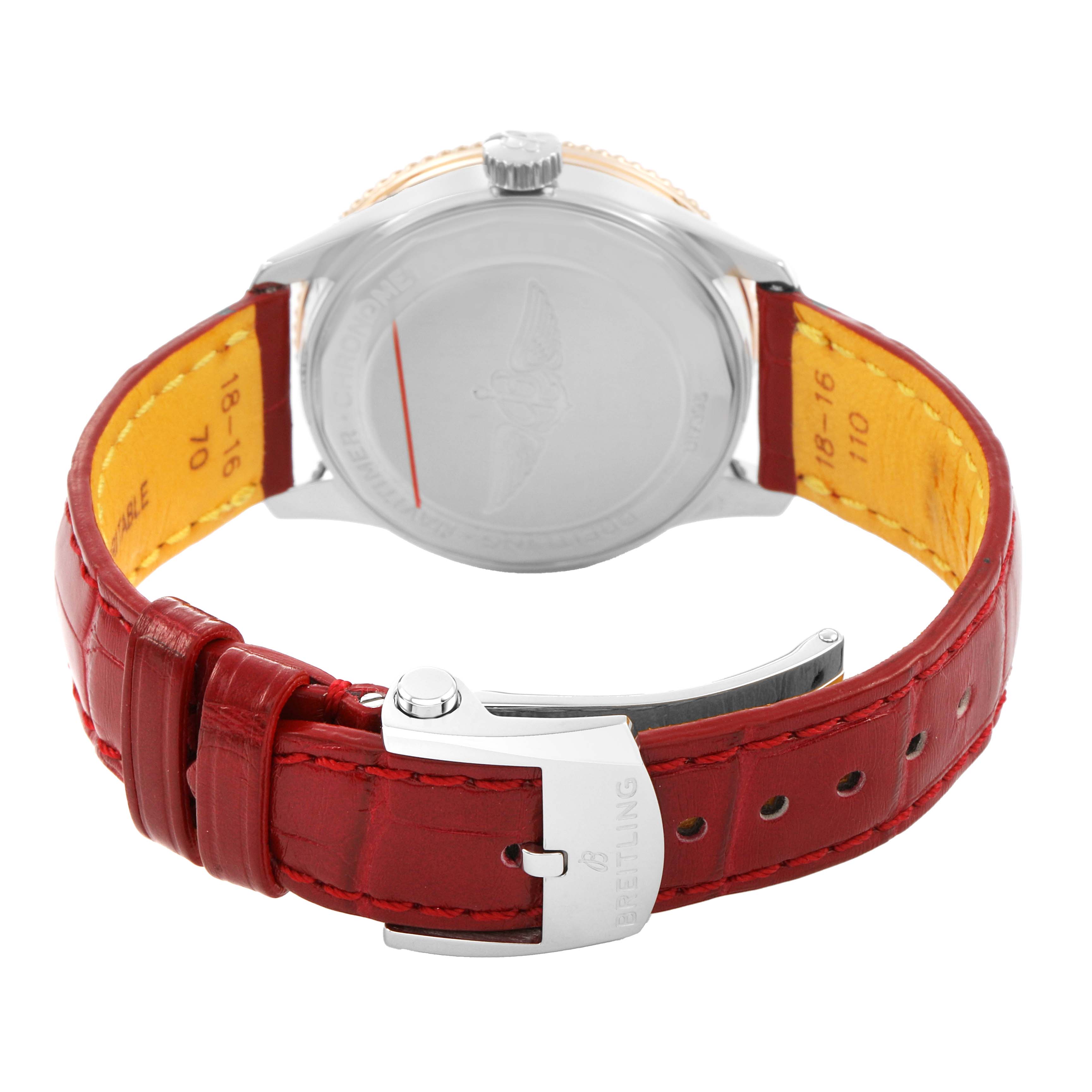The Breitling U17395 Women's Stainless Steel Mother of Pearl Dial Navitimer 35 shows the back angle, highlighting the case back, crown, and red leather strap with clasp.