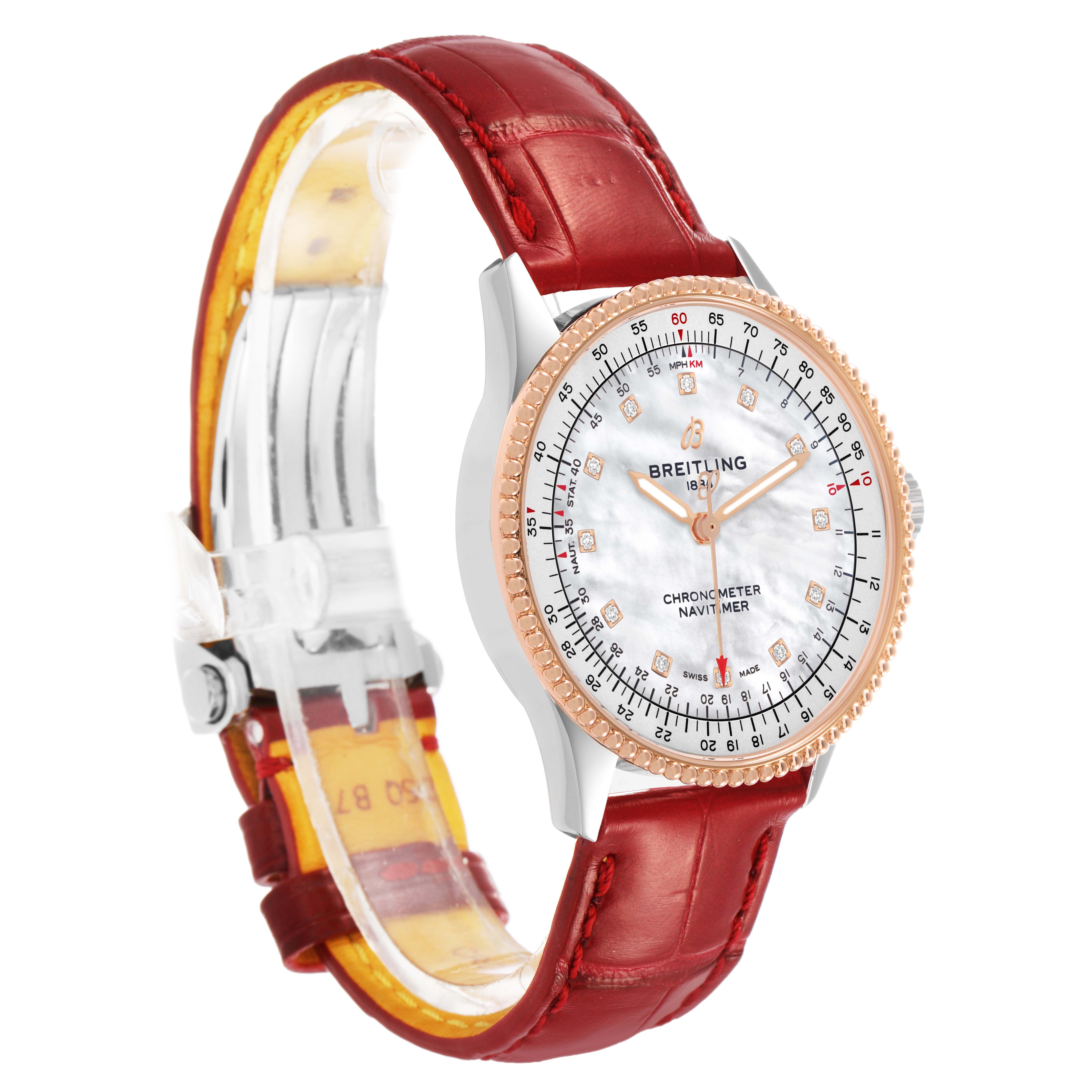 The Breitling U17395 Women's Stainless Steel Mother of Pearl Dial Navitimer 35 model is shown at a side angle, highlighting the diamond dial, rose gold bezel, and red leather strap.