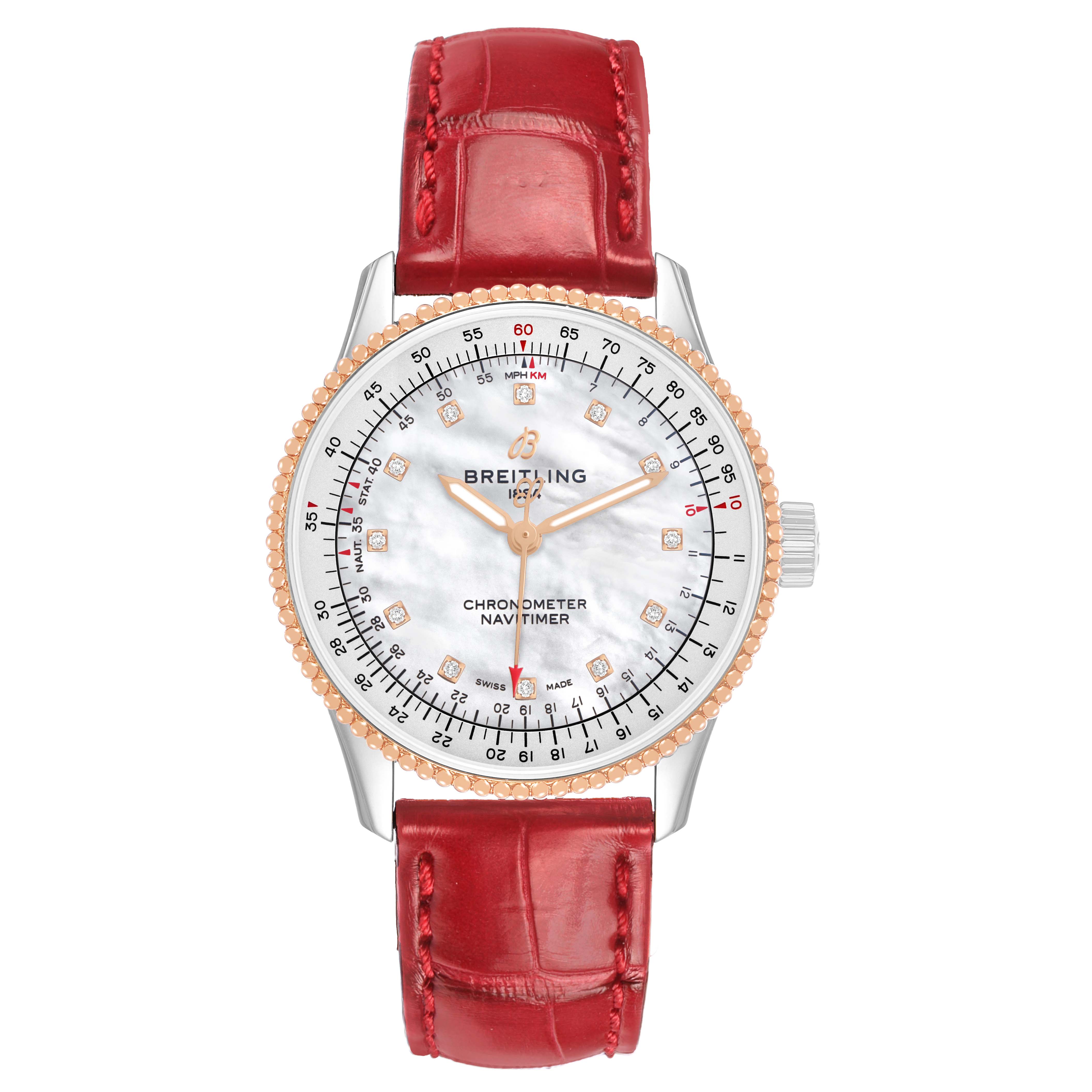 The Breitling U17395 Women's Stainless Steel Mother of Pearl Dial Navitimer 35 Steel Diamond Dial Ladies Watch U17395 is shown from the front, displaying the face, bezel, and red strap.