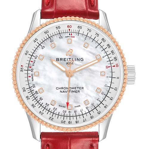The Breitling U17395 Women's Stainless Steel Mother of Pearl Dial Navitimer 35 showcases a front view featuring a diamond bezel, a mother-of-pearl dial, and a red leather strap.