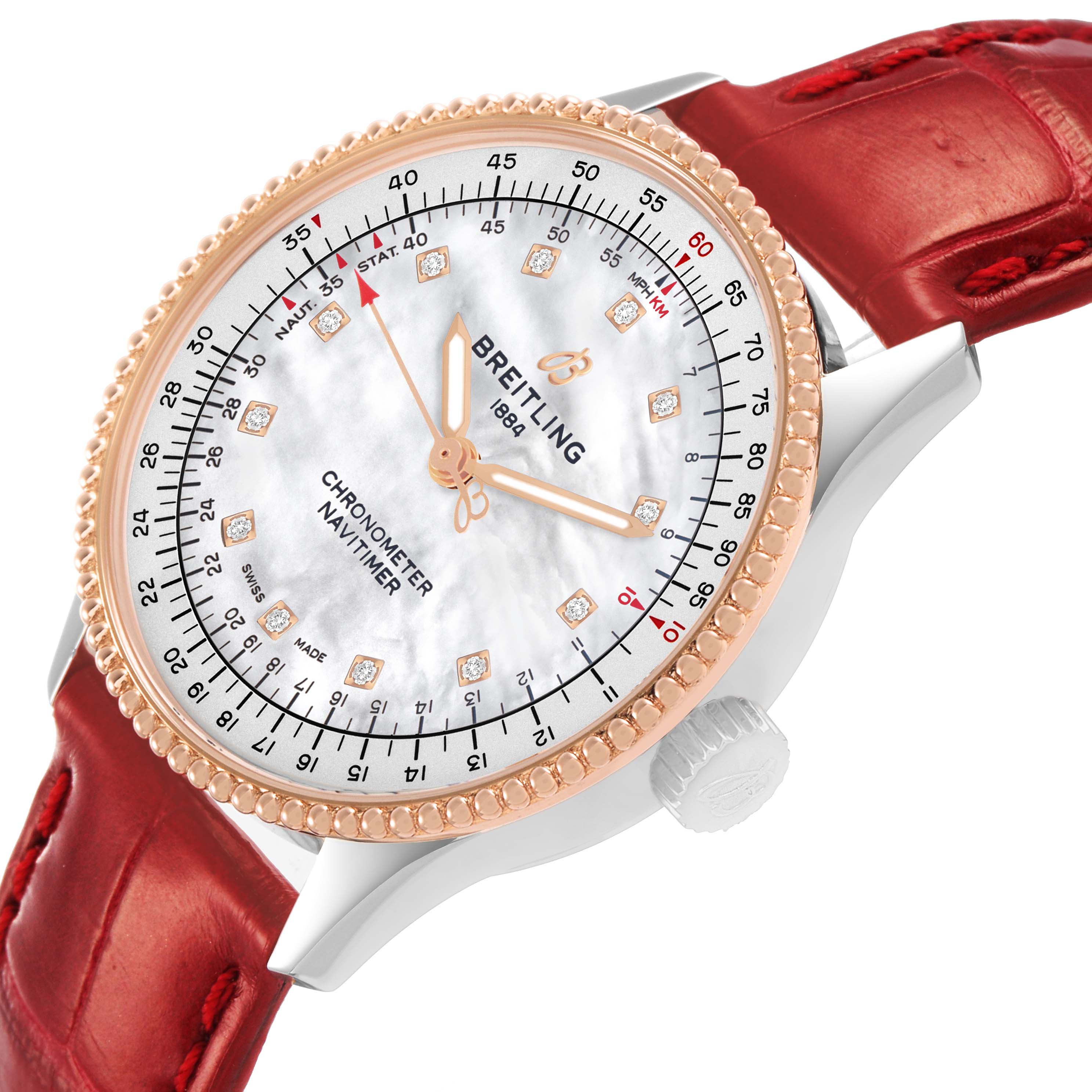 The Breitling U17395 Women's Stainless Steel Mother of Pearl Dial Navitimer 35 U17395 is shown at an angle highlighting its textured bezel, diamond hour markers, and red strap.