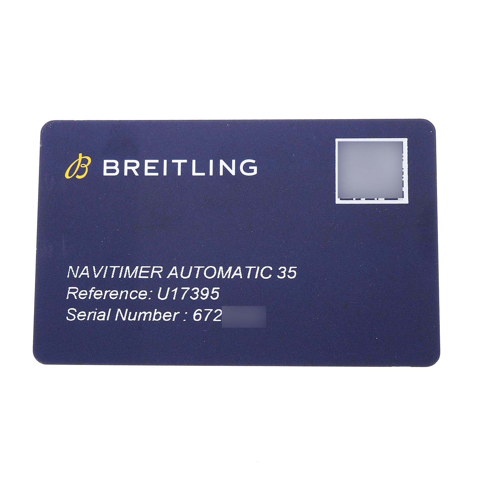 The image shows a Breitling U17395 Women's Stainless Steel Mother of Pearl Dial Navitimer 35 model U17395 card featuring the watch's reference and serial number.