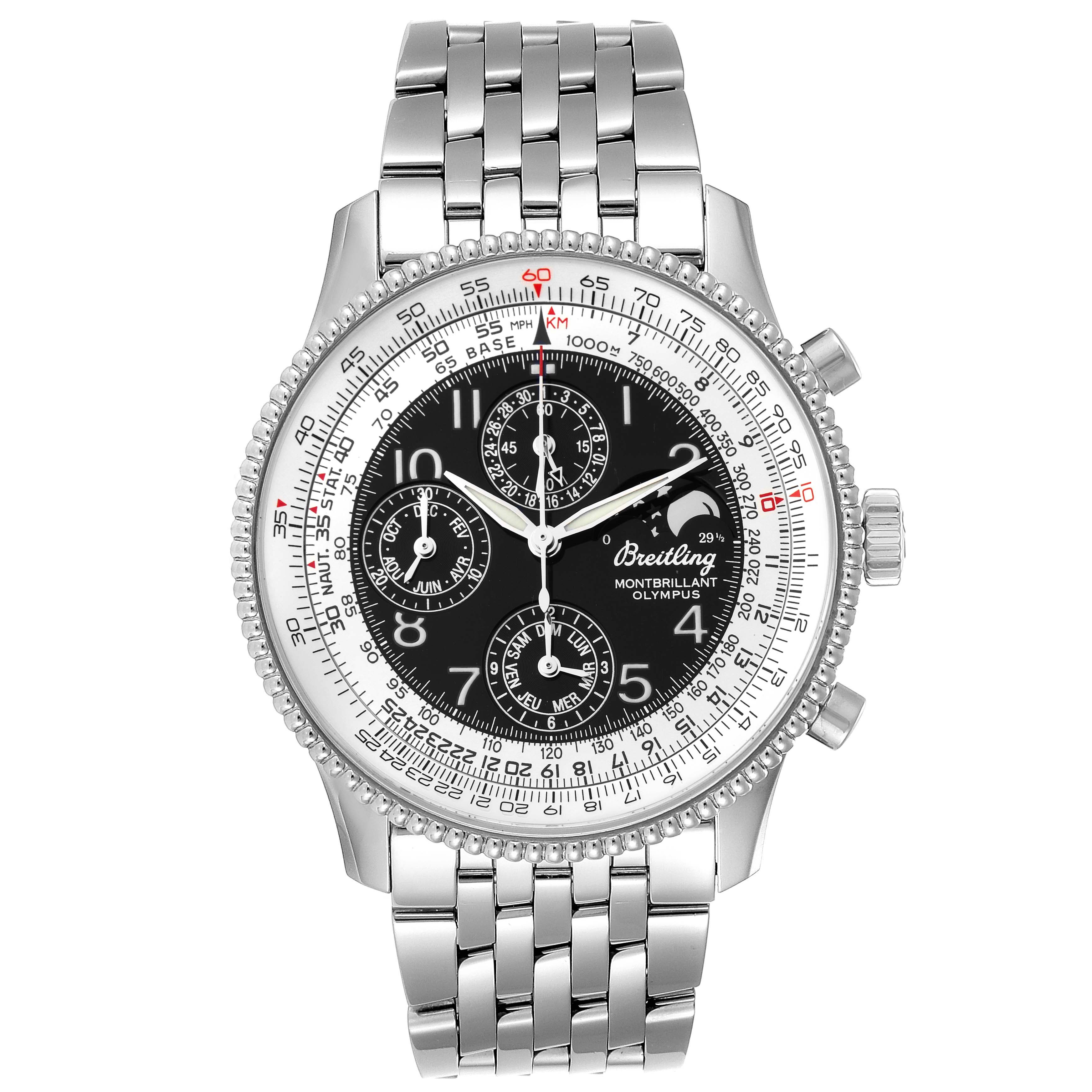 The image shows a front view of a Breitling Navitimer A19350 Men's Stainless Steel Silver Dial A19350 Men's Stainless Steel Silver Dial watch, highlighting its dial, bezel, and stainless steel bracelet.