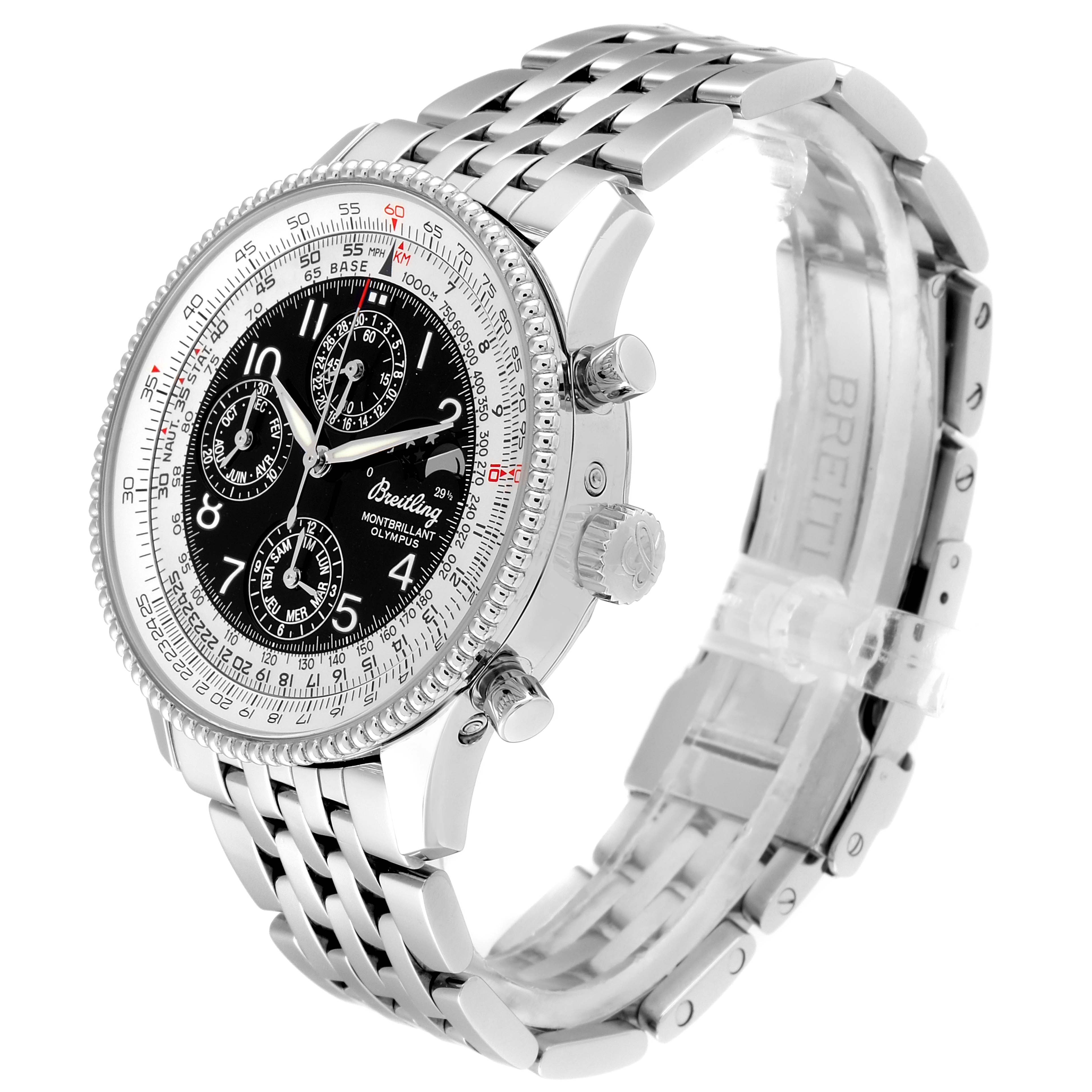 This Breitling Navitimer A19350 Men's Stainless Steel Silver Dial A19350 Men's Stainless Steel Silver Dial model watch is shown at a slight angle from above, displaying its face, bezel, crown, pushers, and metal bracelet.