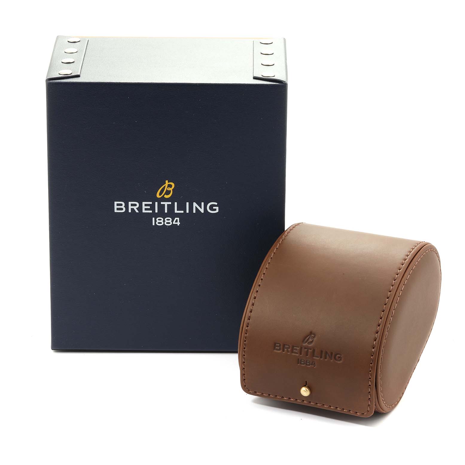 The image shows a Breitling Navitimer A19350 Men's Stainless Steel Silver Dial A19350 Men's Stainless Steel Silver Dial watch box and a brown leather case from a front angle.