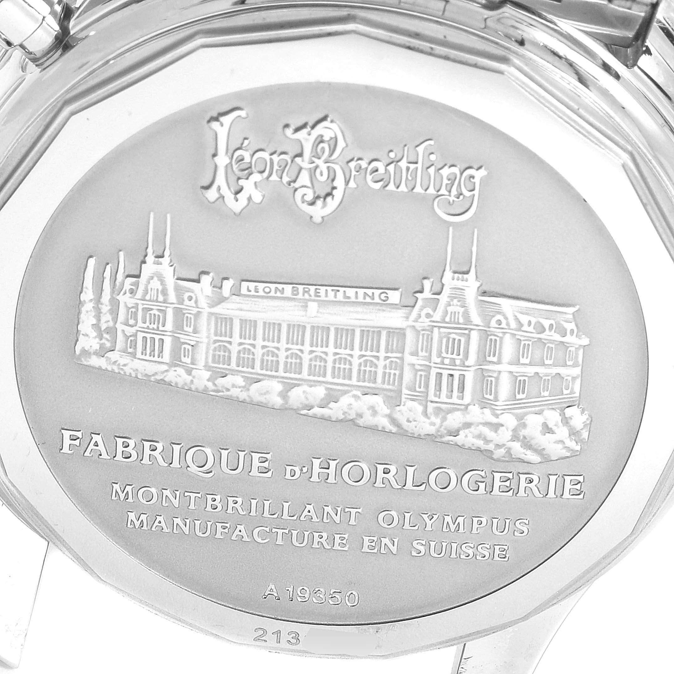 The image shows the engraved back case of a Breitling Navitimer A19350 Men's Stainless Steel Silver Dial A19350 Men's Stainless Steel Silver Dial watch with detailed inscriptions and logos.