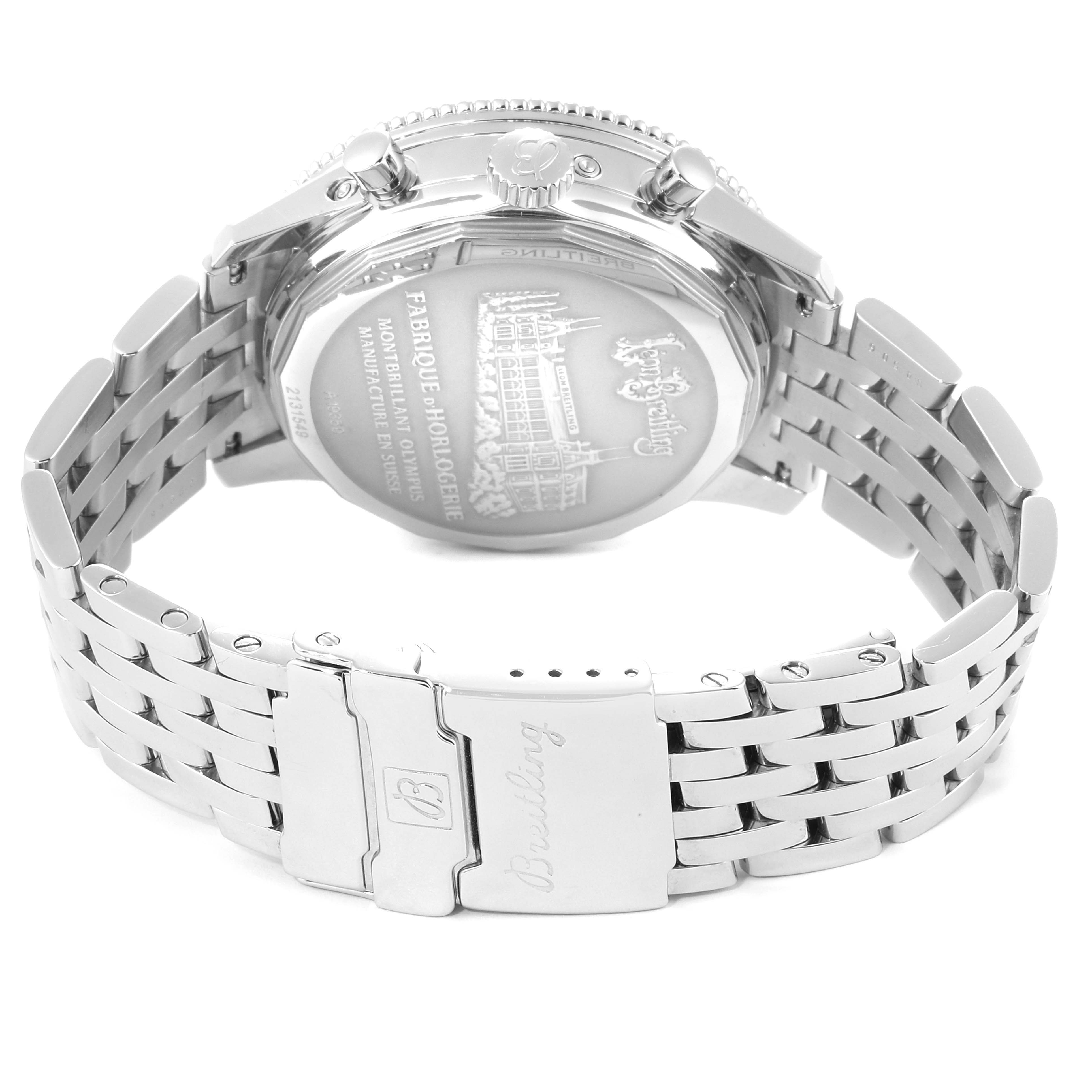 The image shows the back case and bracelet of a Breitling Navitimer A19350 Men's Stainless Steel Silver Dial A19350 Men's Stainless Steel Silver Dial watch from a rear angle.