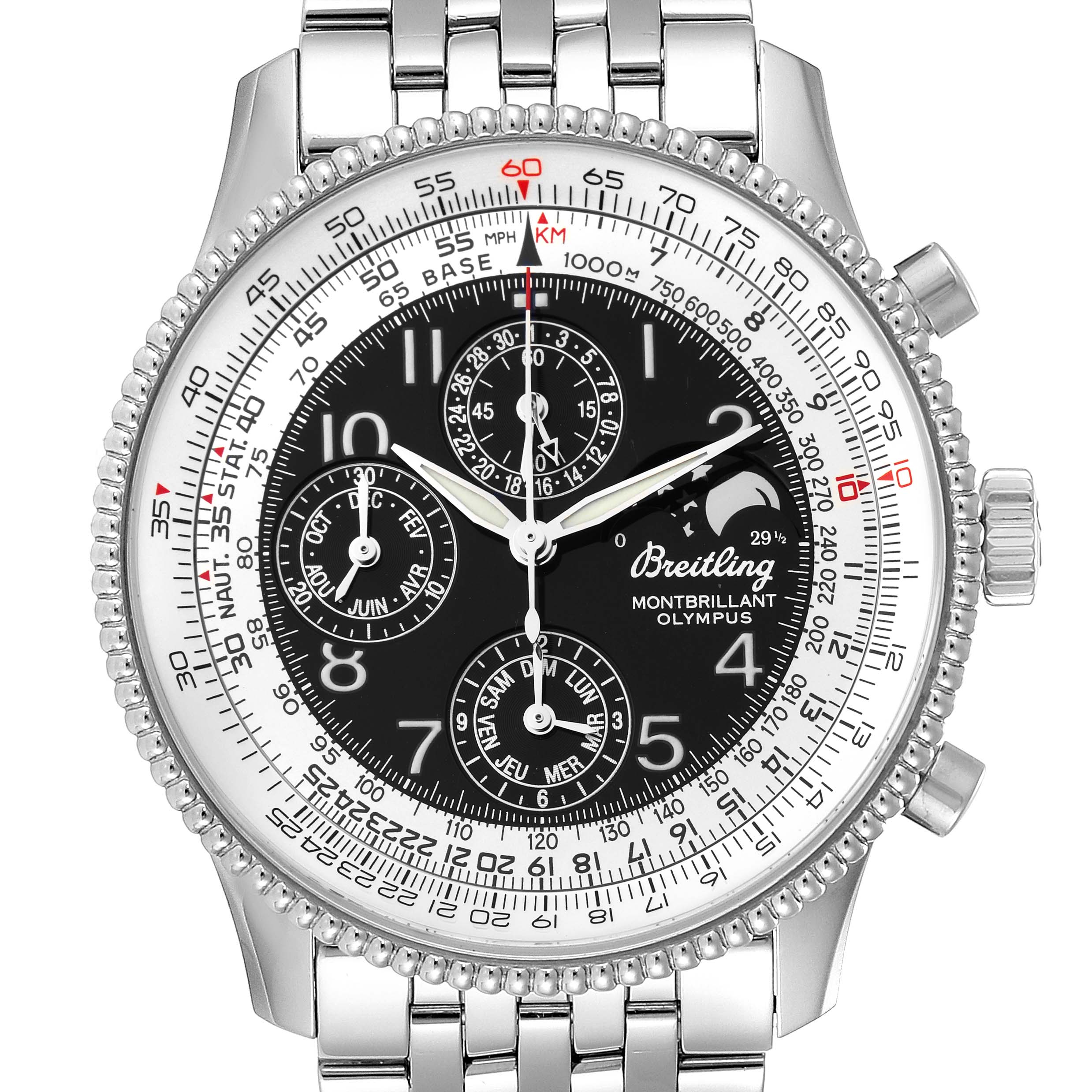 The image shows a front view of a Breitling Navitimer A19350 Men's Stainless Steel Silver Dial A19350 Men's Stainless Steel Silver Dial Montbrillant Olympus watch, displaying the dial, bezel, and bracelet.