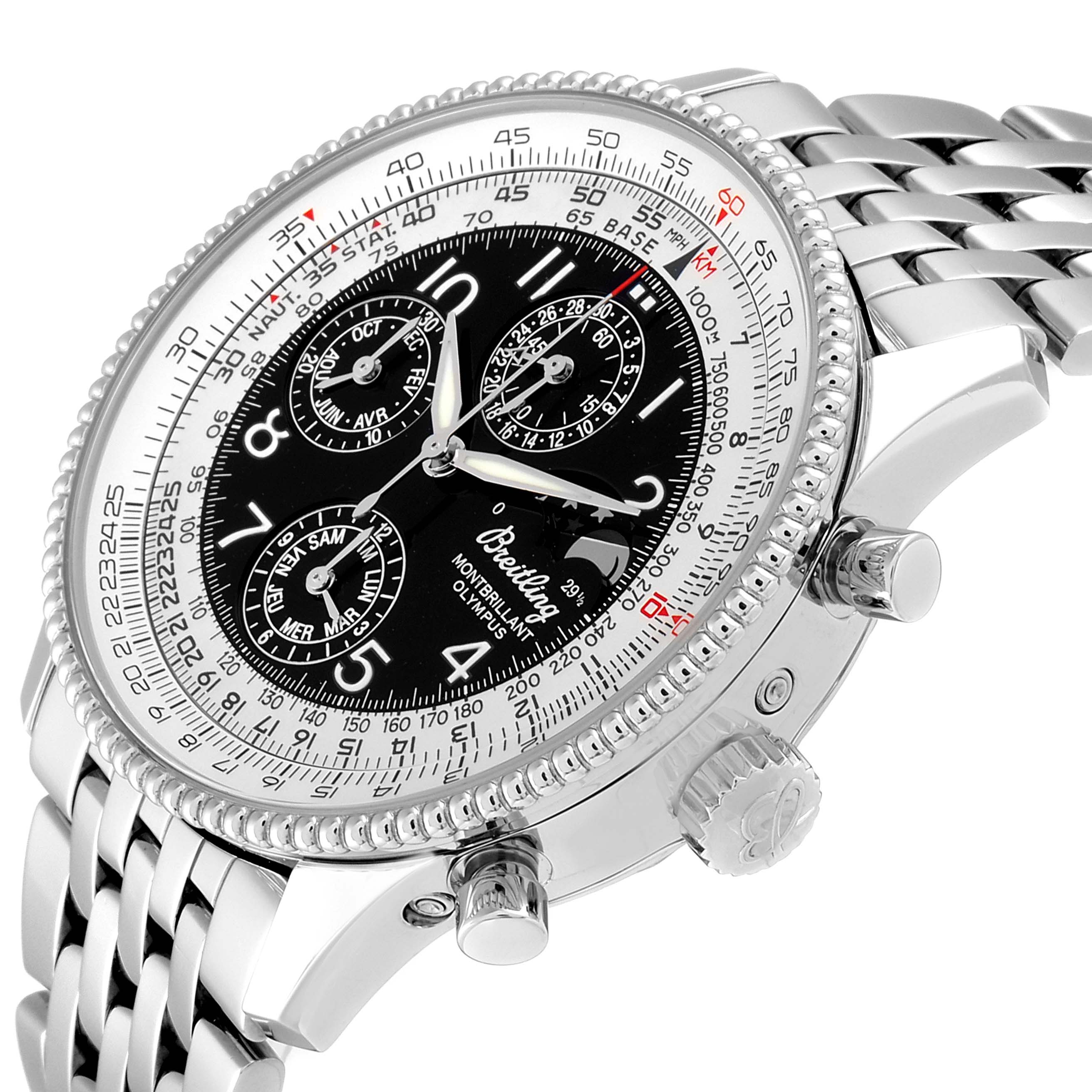The image shows a side and slightly angled view of a Breitling Navitimer A19350 Men's Stainless Steel Silver Dial A19350 Men's Stainless Steel Silver Dial watch, highlighting its bezel, dial, and metal bracelet.
