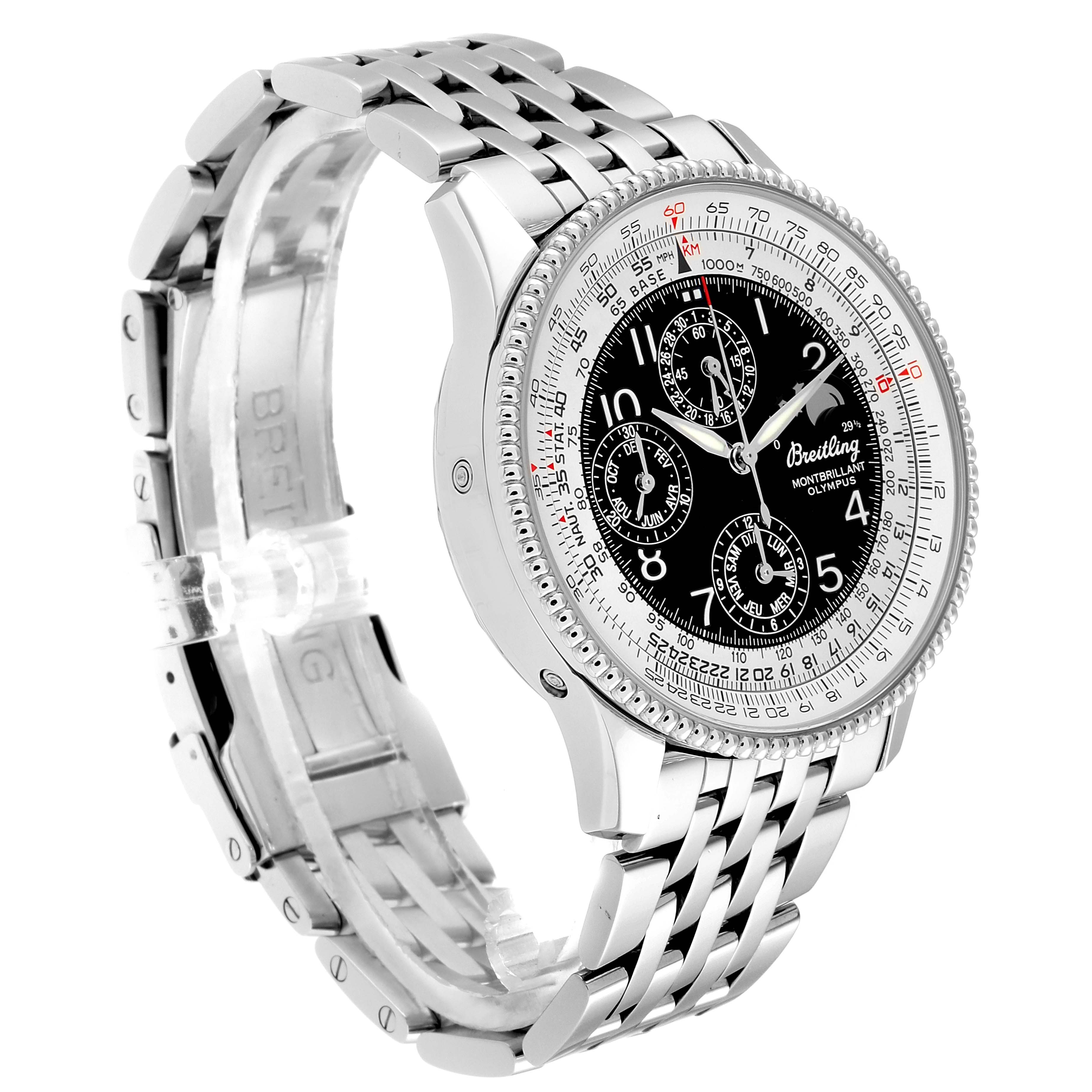 The image shows the Breitling Navitimer A19350 Men's Stainless Steel Silver Dial A19350 Men's Stainless Steel Silver Dial watch from an oblique angle, highlighting its dial, bezel, and stainless steel bracelet.