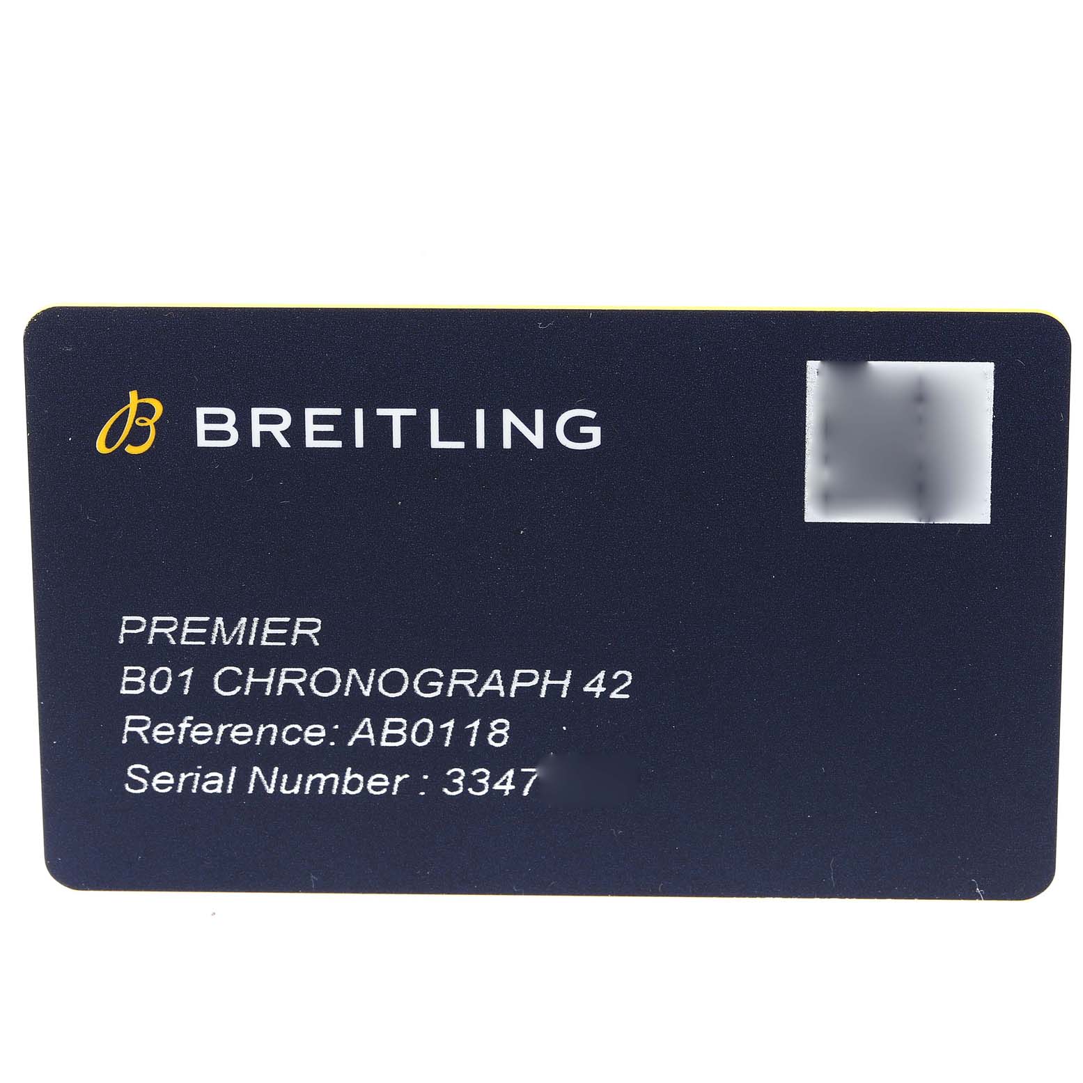 The image shows the identification card for the Breitling Premier AB0118 Men
s Stainless Steel Green Dial AB0118 Men
s Stainless Steel Green Dial B01 Chronograph 42 watch, displaying the reference and serial number.