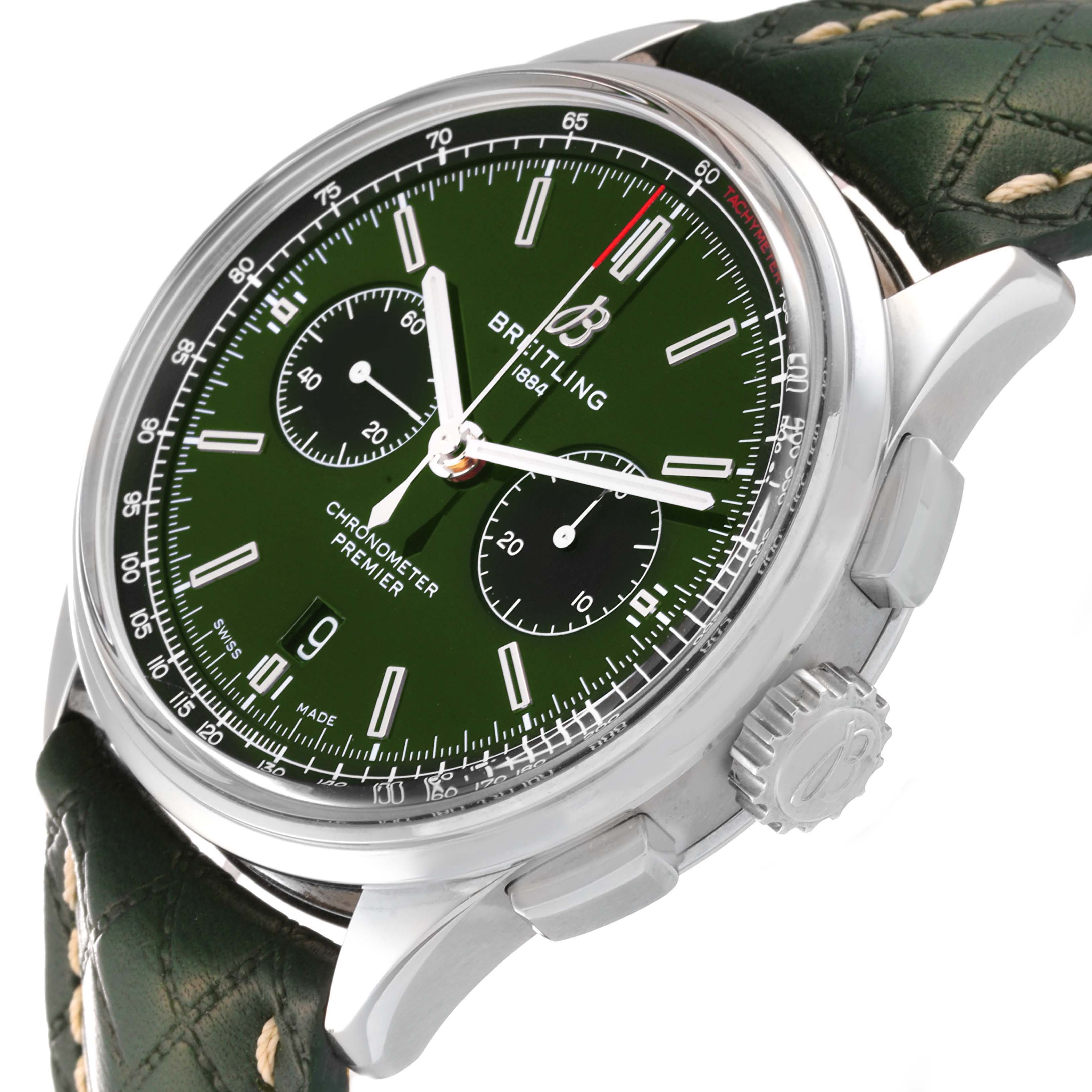 This image shows a close-up angle of a Breitling Premier AB0118 Men
s Stainless Steel Green Dial AB0118 Men
s Stainless Steel Green Dial watch, emphasizing the green dial, sub-dials, and side pushers.