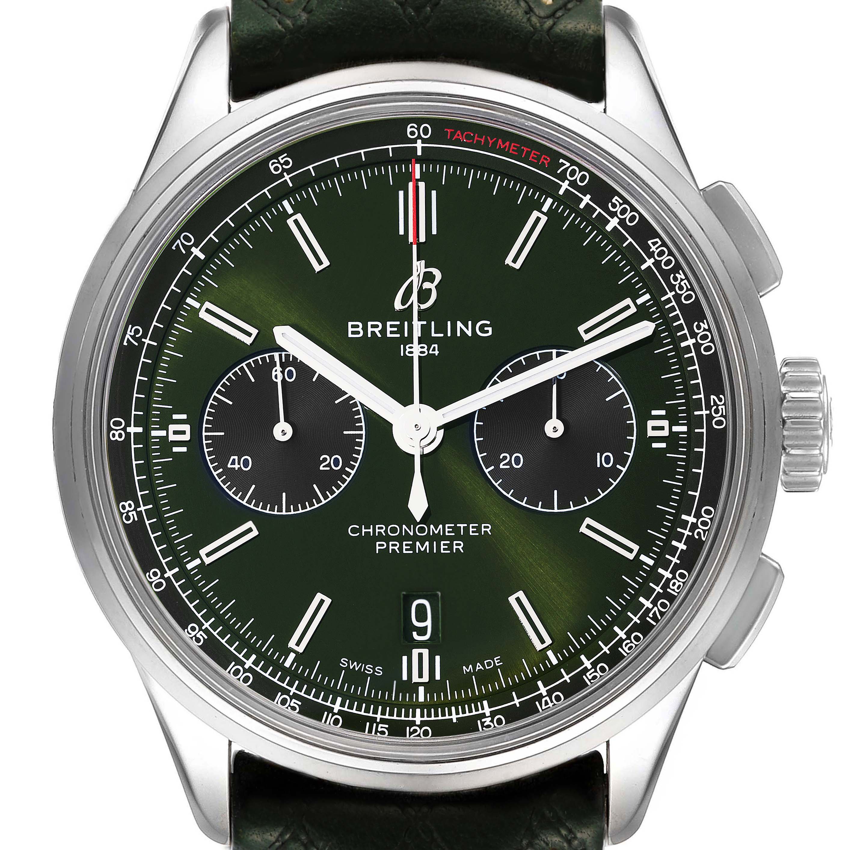 The image shows a frontal view of a Breitling Premier AB0118 Men
s Stainless Steel Green Dial AB0118 Men
s Stainless Steel Green Dial watch highlighting its green dial, subdials, date window, and tachymeter scale.