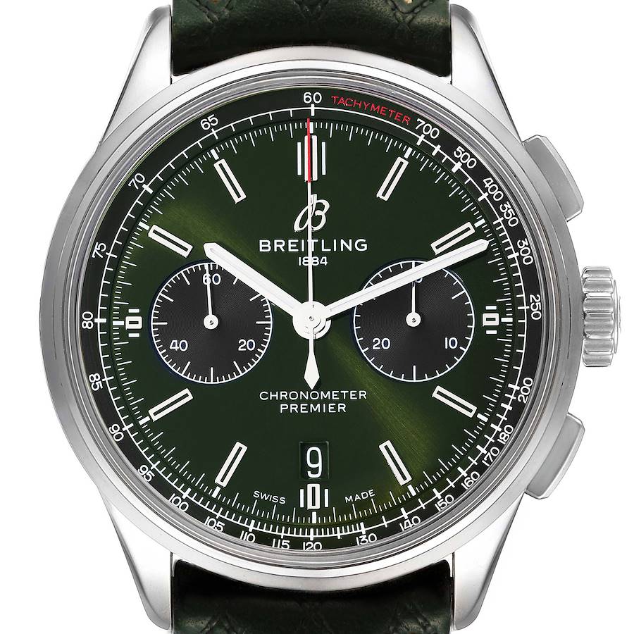 Breitling Premier B01 Chronograph 42 Green Dial Steel Mens Watch AB0118 Box Card SwissWatchExpo