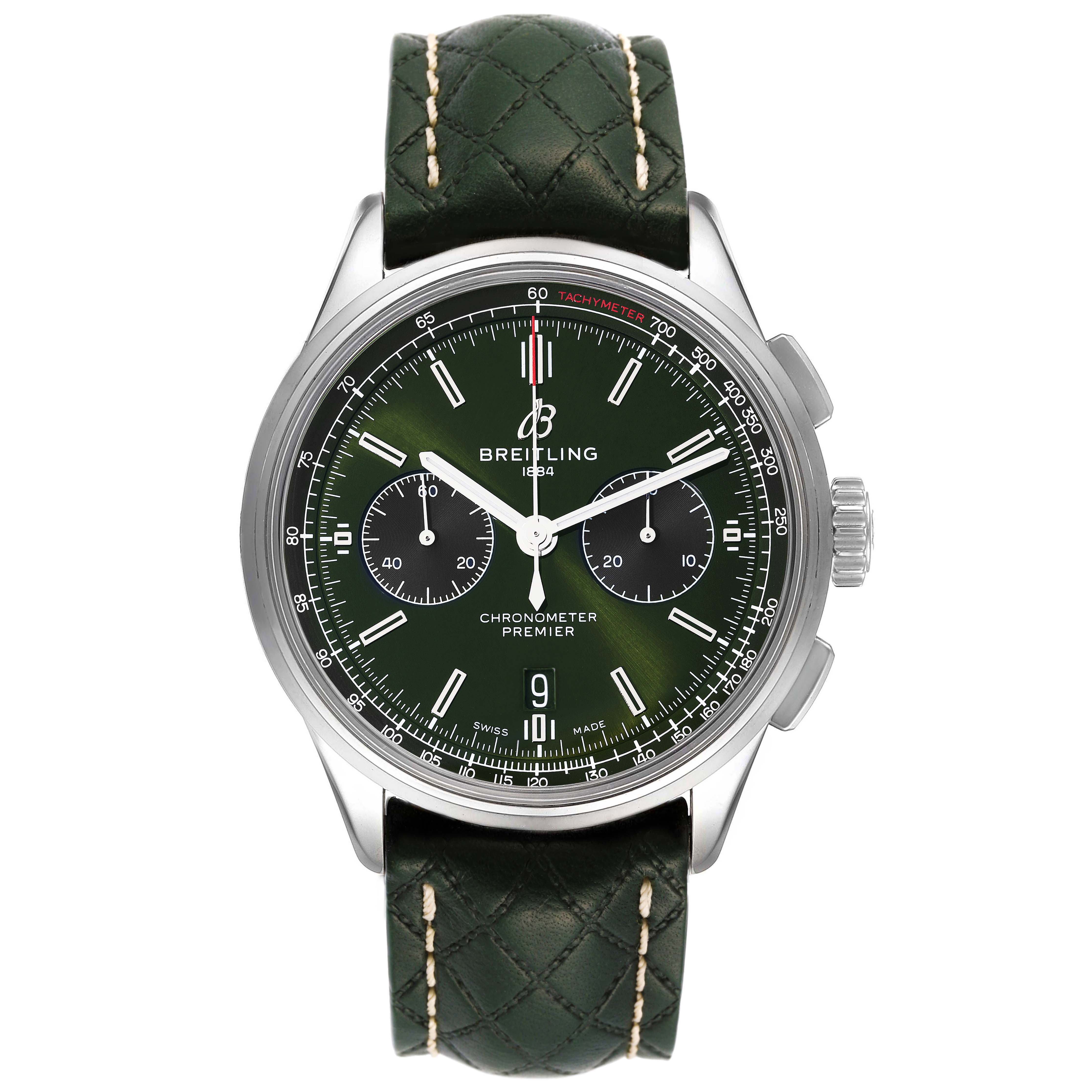 The Breitling Premier AB0118 Men
s Stainless Steel Green Dial AB0118 Men
s Stainless Steel Green Dial Chronometer watch is shown from a front view, displaying its face, both chronograph dials, and green leather strap.
