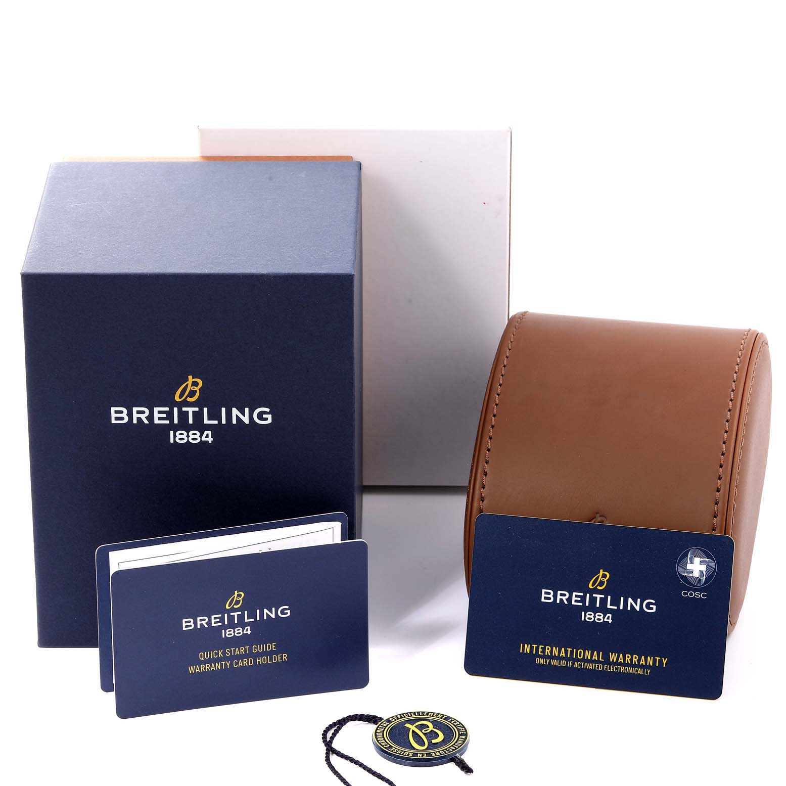 This image shows the packaging, international warranty card, quick start guide, and a leather travel case for the Breitling Premier AB0118 Men
s Stainless Steel Green Dial AB0118 Men
s Stainless Steel Green Dial model.