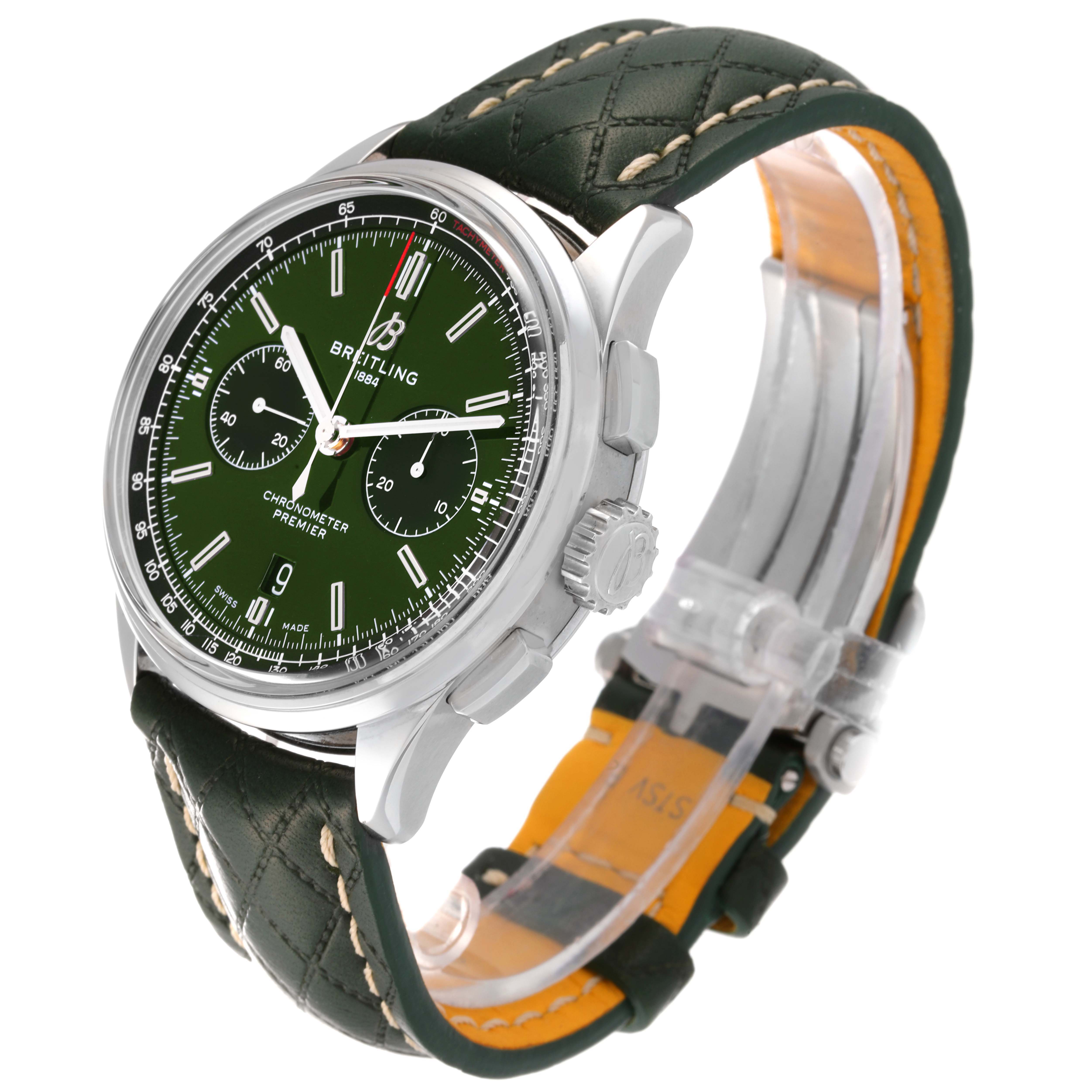 The Breitling Premier AB0118 Men
s Stainless Steel Green Dial AB0118 Men
s Stainless Steel Green Dial model watch is shown at a three-quarter angle, highlighting its green dial, dual sub-dials, and leather strap.