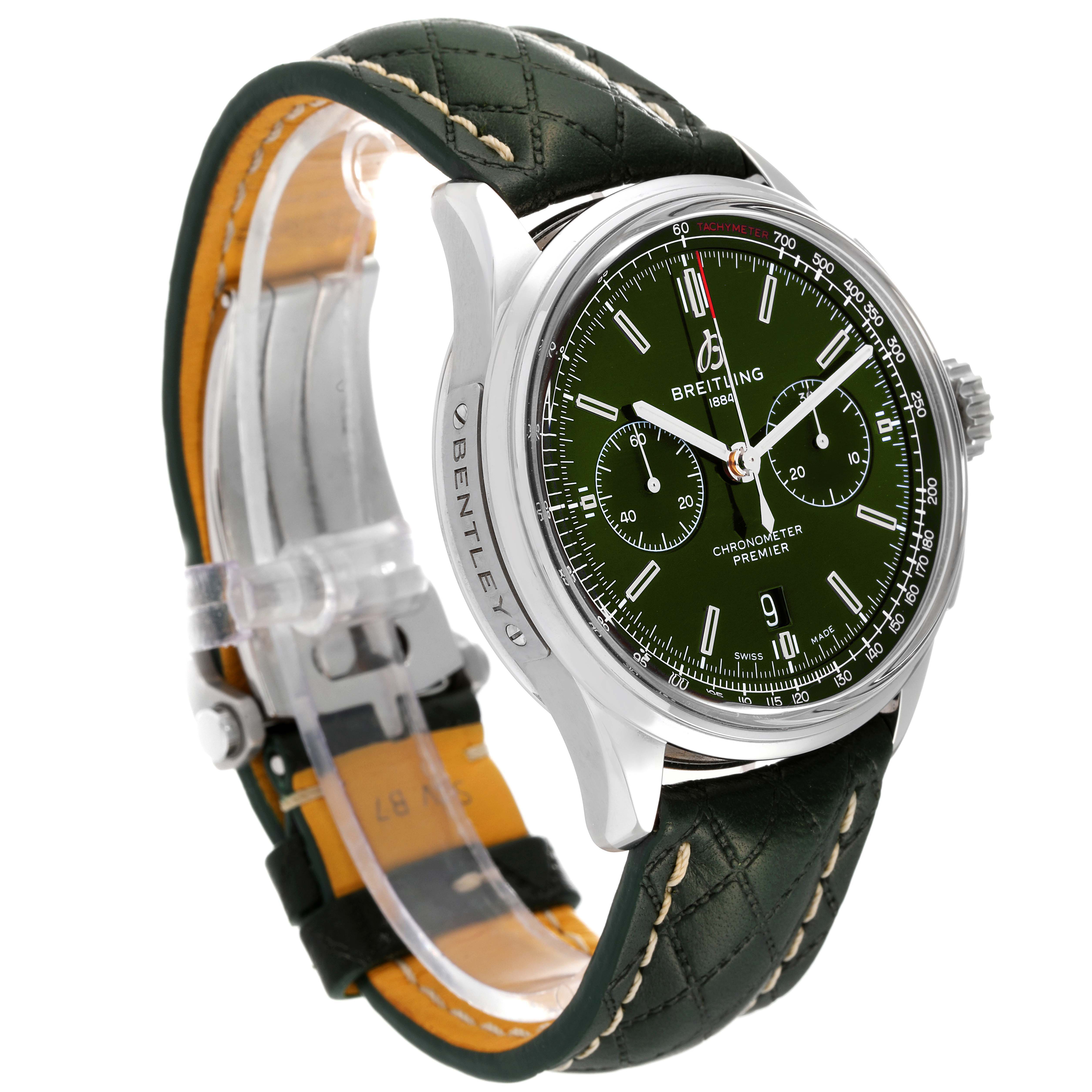 The image shows a Breitling Premier AB0118 Men
s Stainless Steel Green Dial AB0118 Men
s Stainless Steel Green Dial model watch from a three-quarter angle, highlighting its green dial, chronograph features, and leather strap.