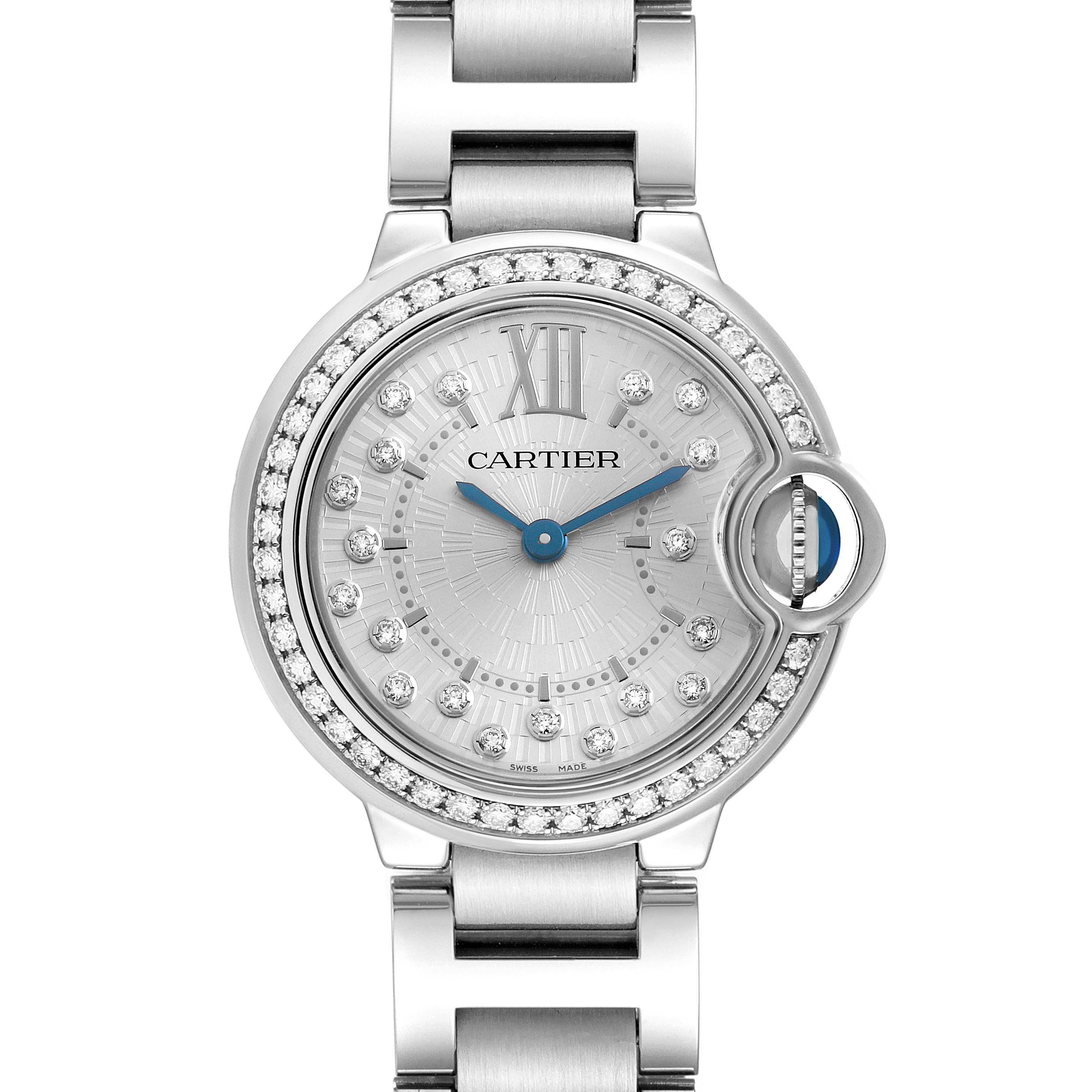 The Cartier Ballon Bleu W4BB0034 Women's Stainless Steel Silver Dial watch is shown from a top-down angle, displaying its face, bezel, and part of the bracelet.