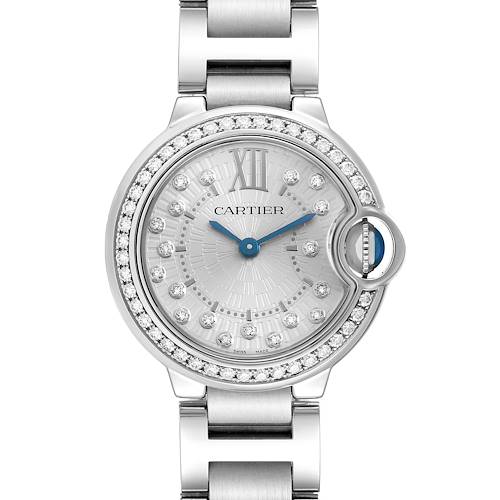 The Cartier Ballon Bleu W4BB0034 Women's Stainless Steel Silver Dial watch is shown from the front, displaying its face, bezel, and bracelet.