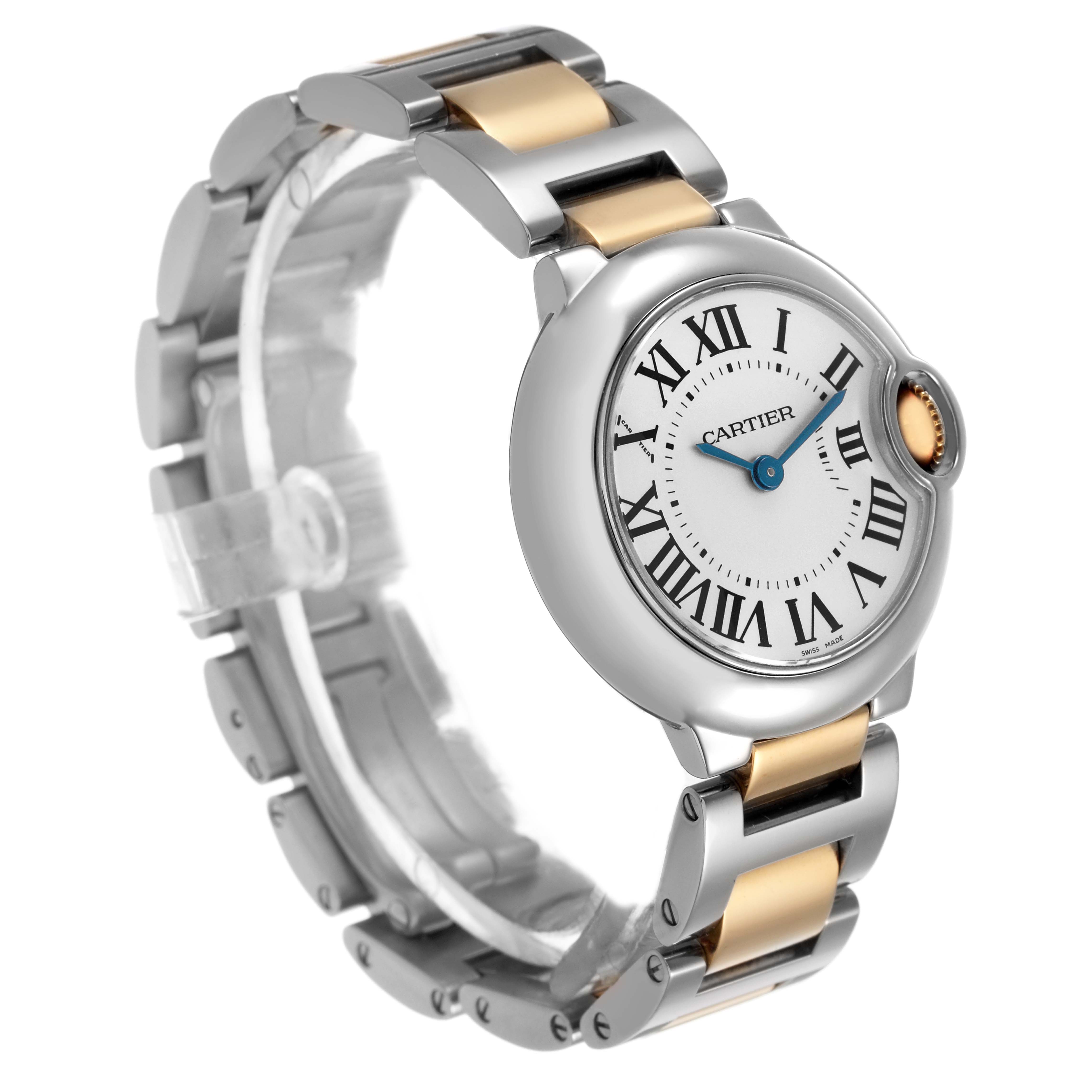 The Cartier Ballon Bleu W69007Z3 Women's Steel and Gold (two tone) Silver Dial watch is shown at a slight angle, highlighting its face, Roman numerals, and two-tone bracelet.
