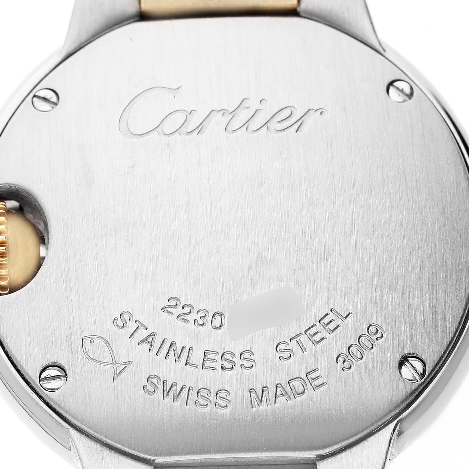 The image shows the back of a Cartier Ballon Bleu W69007Z3 Women's Steel and Gold (two tone) Silver Dial watch, highlighting engravings and the stainless steel casing.