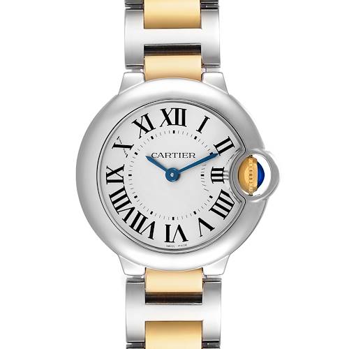 The Cartier Ballon Bleu W69007Z3 Women's Steel and Gold (two tone) Silver Dial watch is shown from a front angle, highlighting the dial, Roman numerals, and crown.