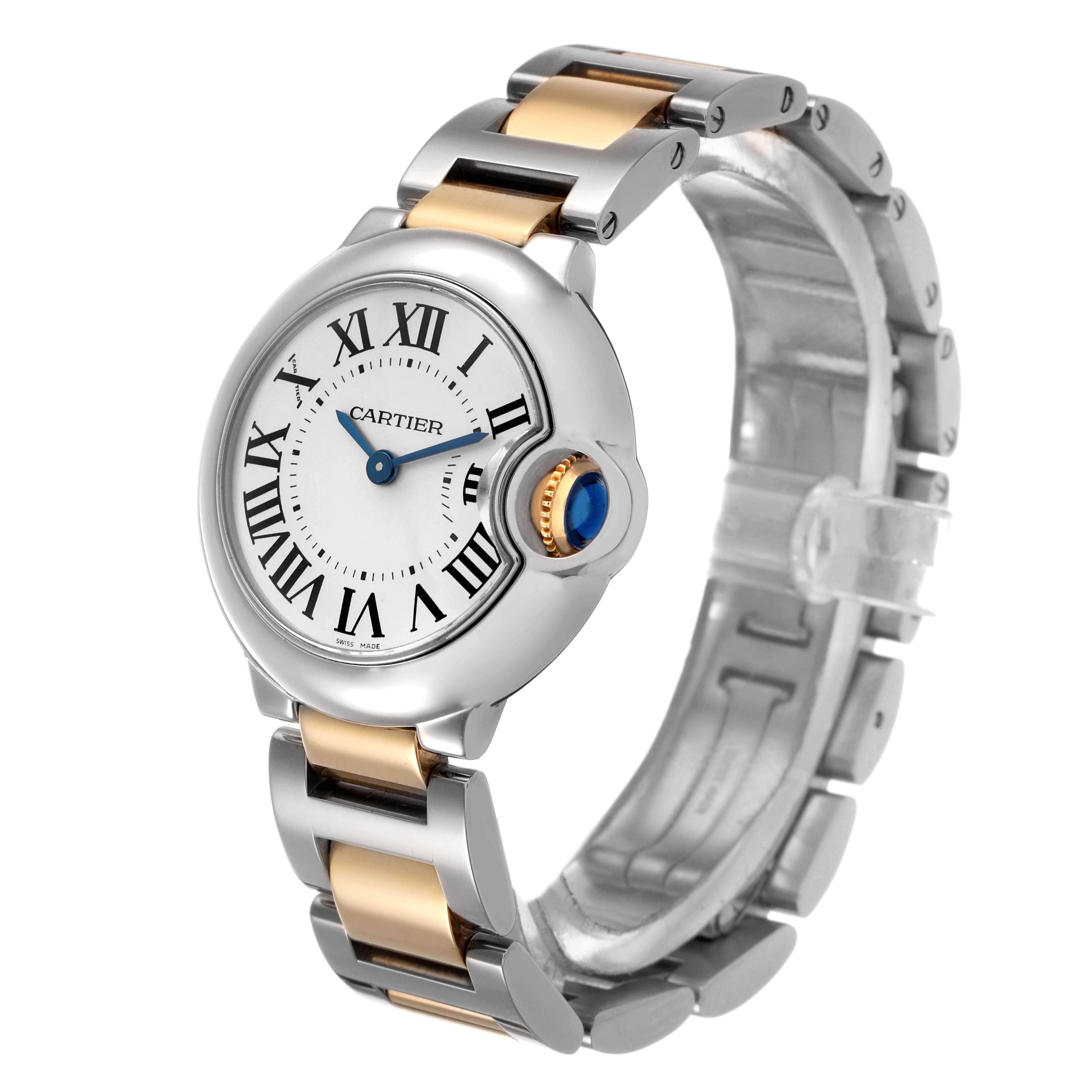The Cartier Ballon Bleu W69007Z3 Women's Steel and Gold (two tone) Silver Dial watch is shown at a slight diagonal angle, highlighting its face, crown, and two-tone bracelet.