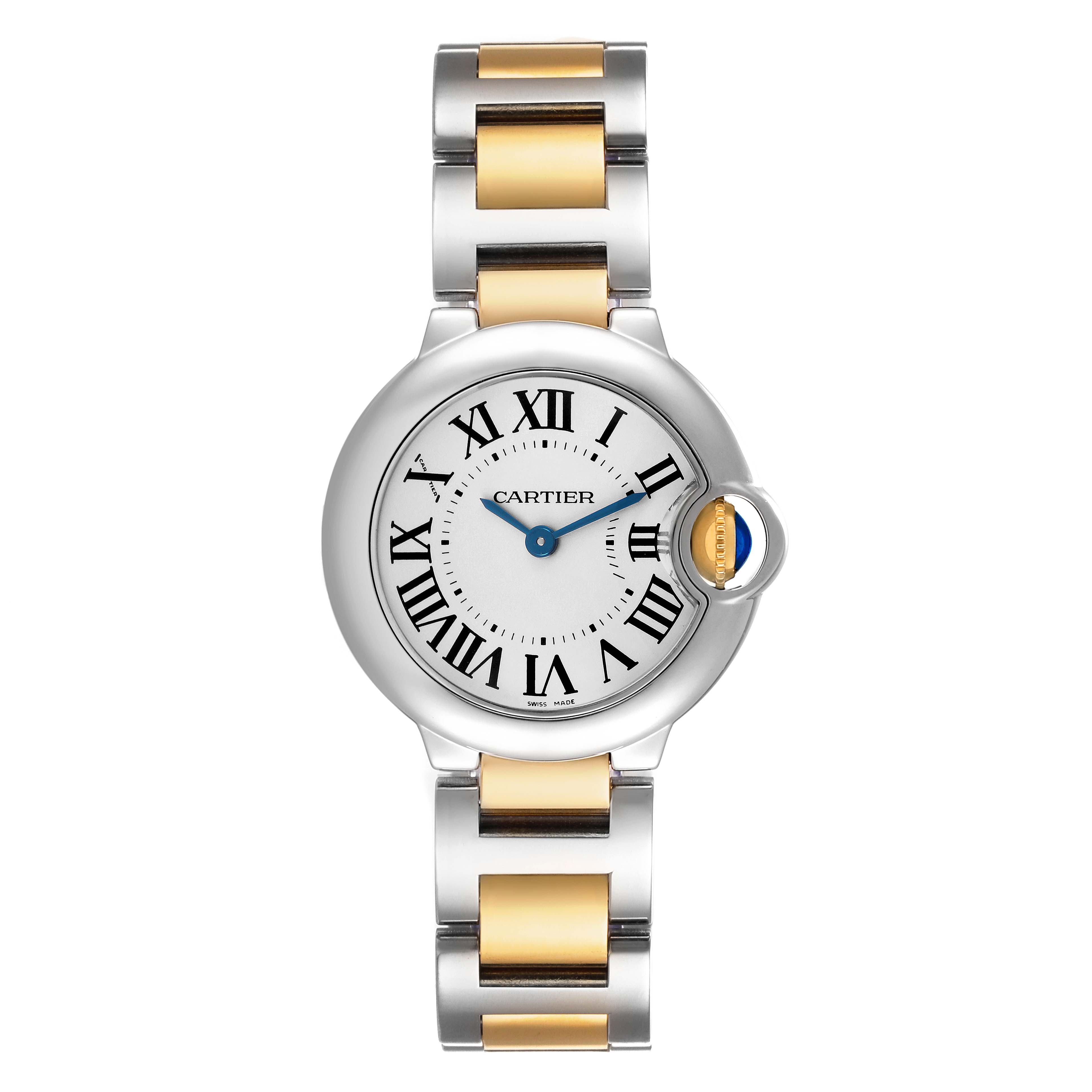 The Cartier Ballon Bleu W69007Z3 Women's Steel and Gold (two tone) Silver Dial watch is shown from a top view, highlighting the face, bracelet, and distinctive Roman numerals.
