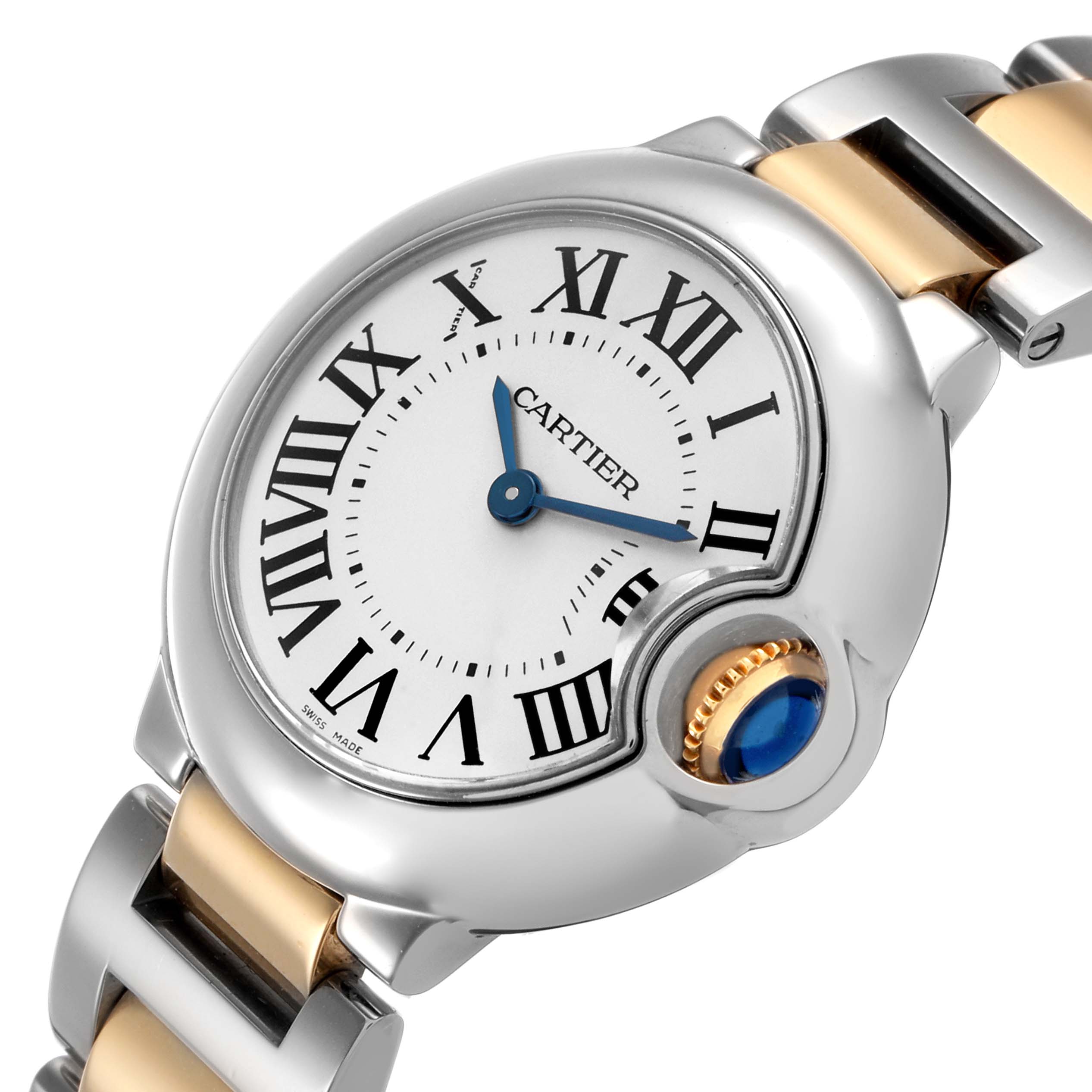 The Cartier Ballon Bleu W69007Z3 Women's Steel and Gold (two tone) Silver Dial watch is shown from a three-quarter angle, highlighting the face, crown, and part of the bracelet.