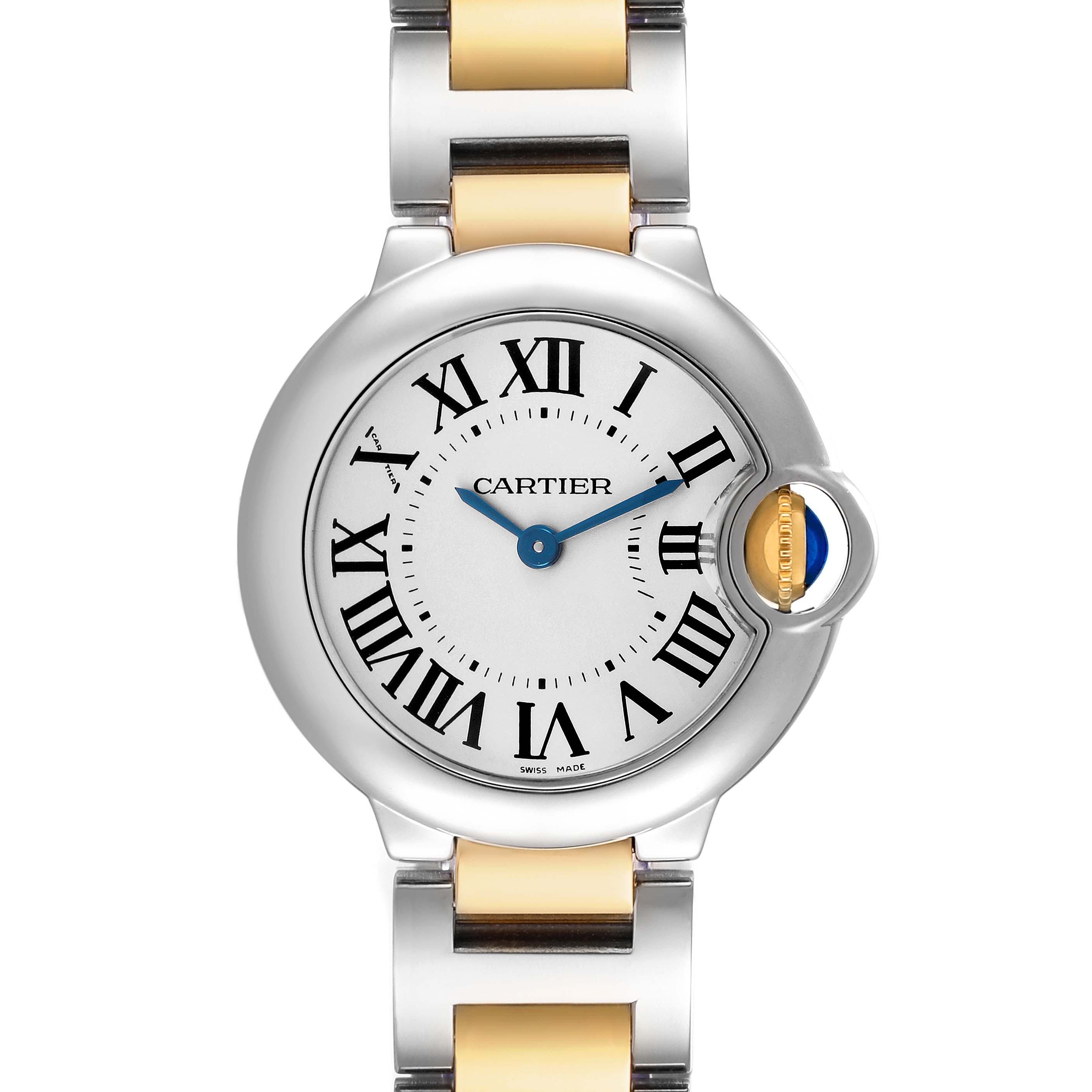 The Cartier Ballon Bleu W69007Z3 Women's Steel and Gold (two tone) Silver Dial watch is shown from the front, highlighting its Roman numerals, blue hands, and bi-metal bracelet.