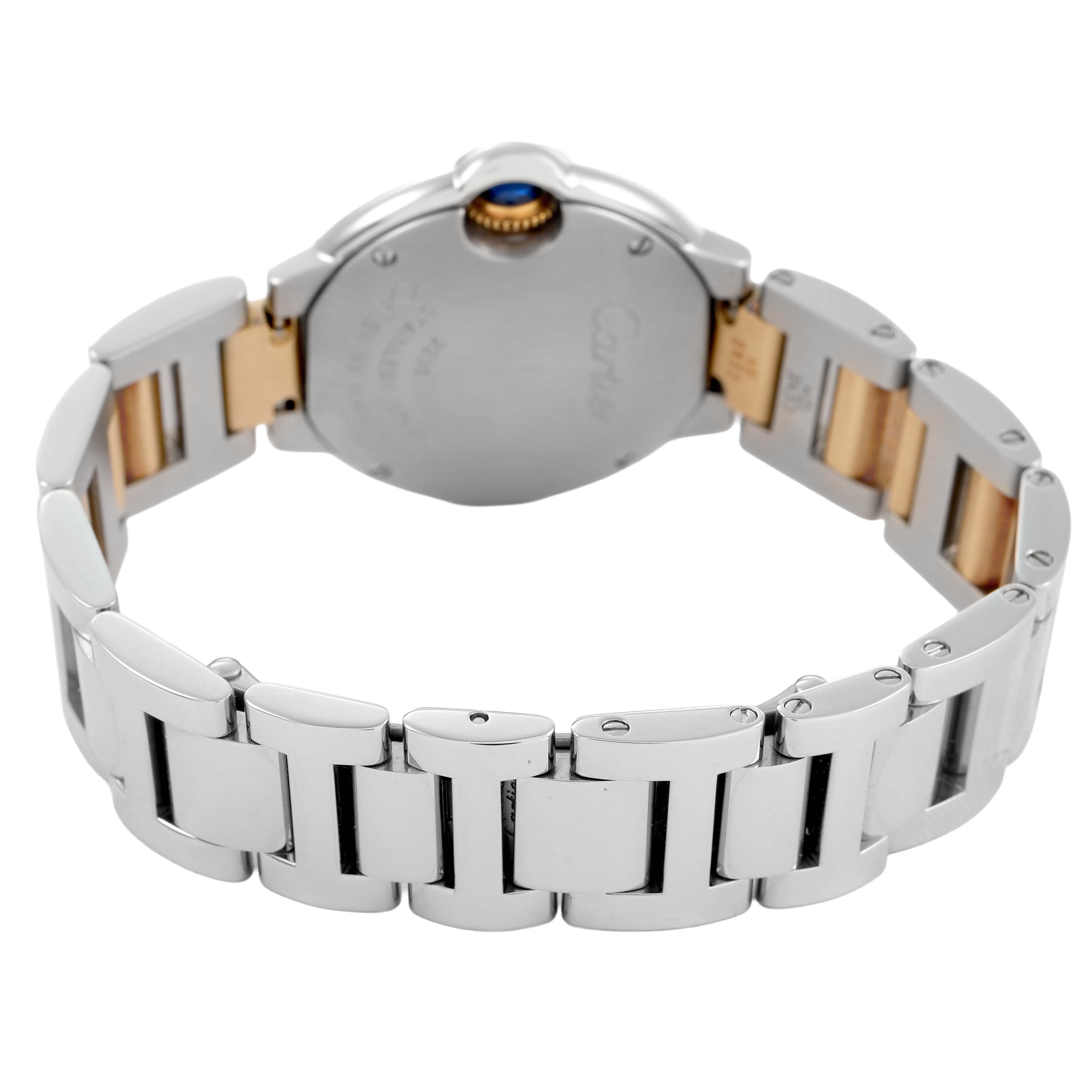 The image shows the back and bracelet of a Cartier Ballon Bleu W69007Z3 Women's Steel and Gold (two tone) Silver Dial watch, highlighting the metal links and clasp.