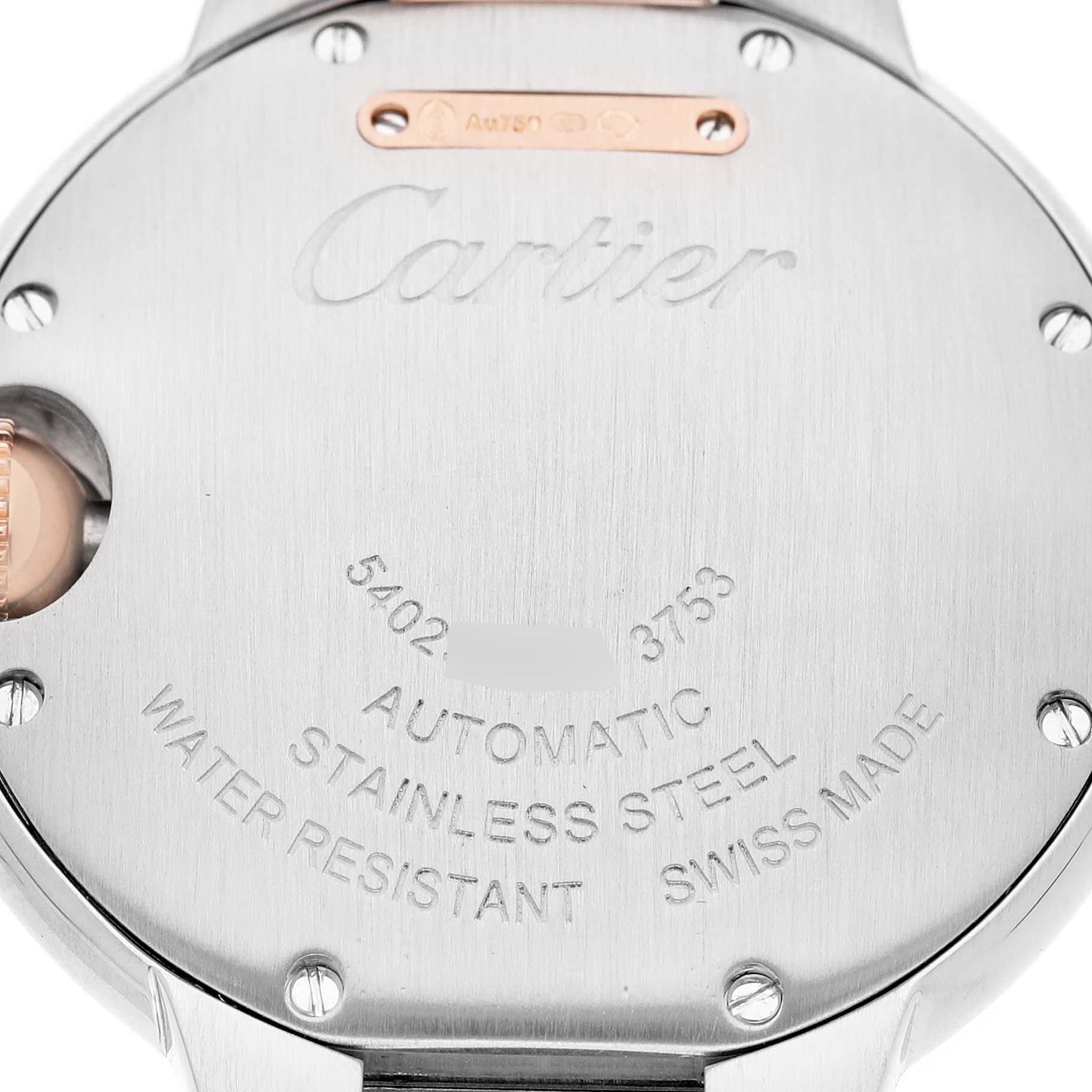 This image shows the back of the Cartier Ballon Bleu WE902077 Women's Steel and Gold (two tone) Silver Dial watch, highlighting its stainless steel case and engravings.