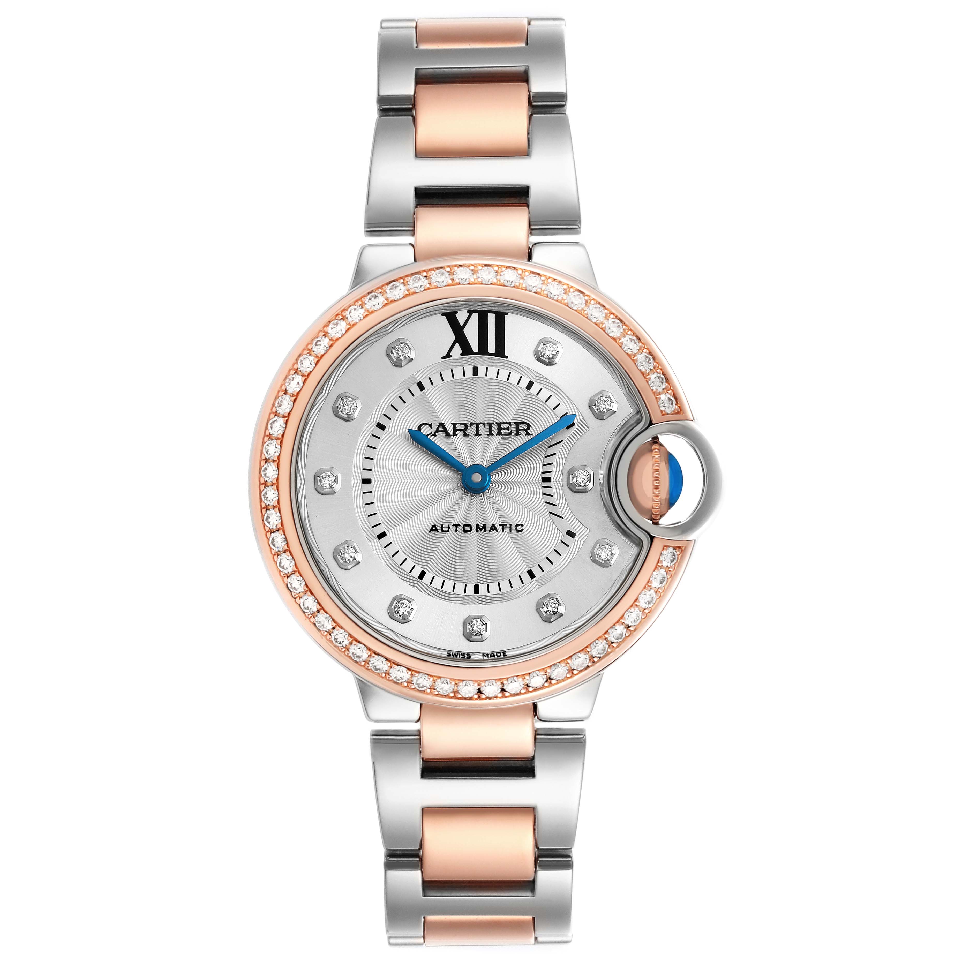 The Cartier Ballon Bleu WE902077 Women's Steel and Gold (two tone) Silver Dial watch is shown from the front, highlighting its face, bezel, crown, and part of the bracelet.