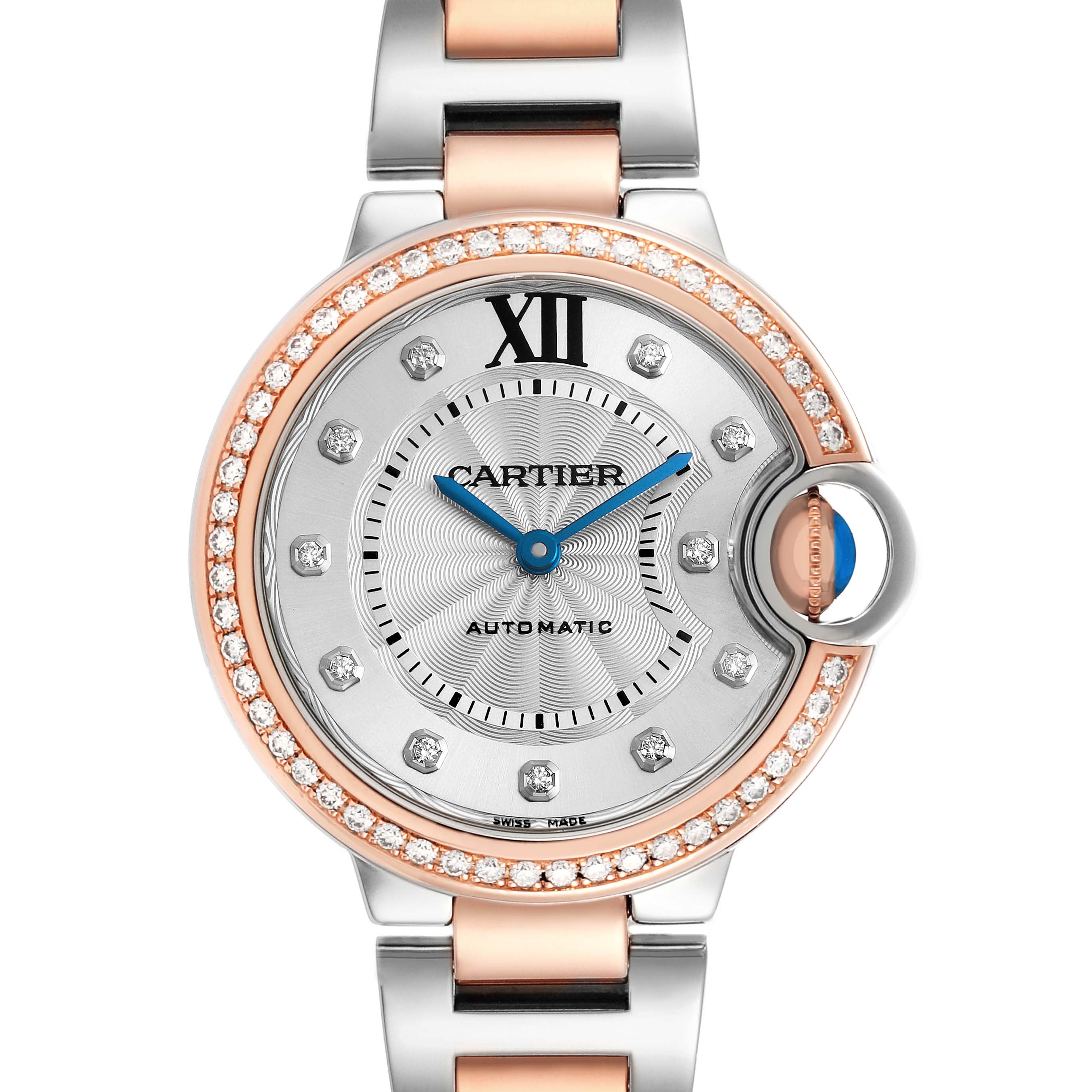 The image shows a close-up of the Cartier Ballon Bleu WE902077 Women's Steel and Gold (two tone) Silver Dial watch face, featuring a diamond bezel and a two-tone bracelet.