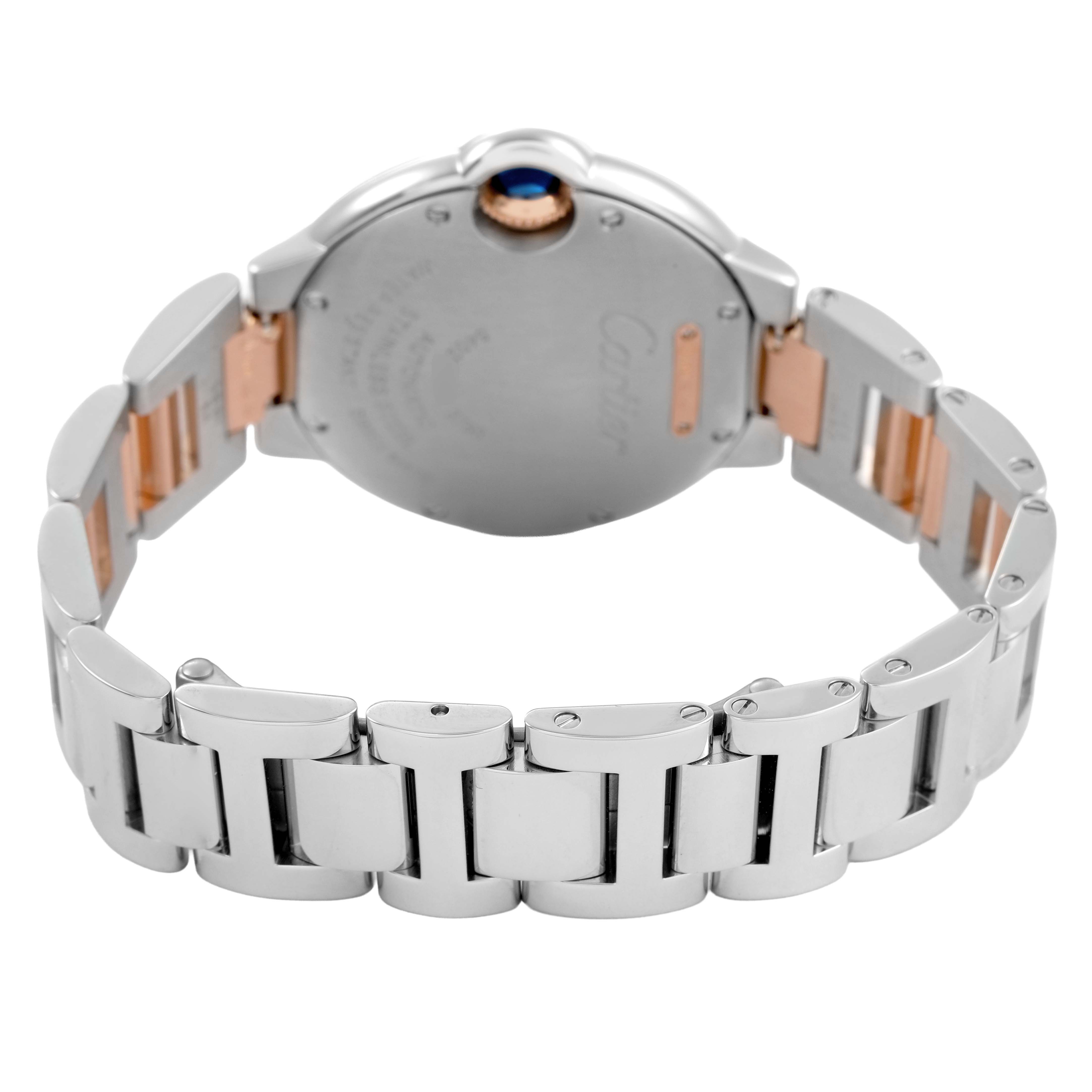The Cartier Ballon Bleu WE902077 Women's Steel and Gold (two tone) Silver Dial watch is shown from the back, highlighting the bracelet and case back with the crown visible.