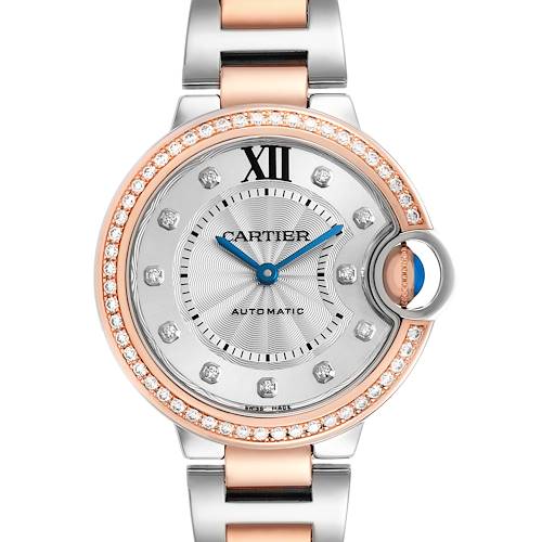 The Ballon Bleu de Cartier watch is shown from the front, highlighting its face, diamond-studded bezel, and bracelet details.