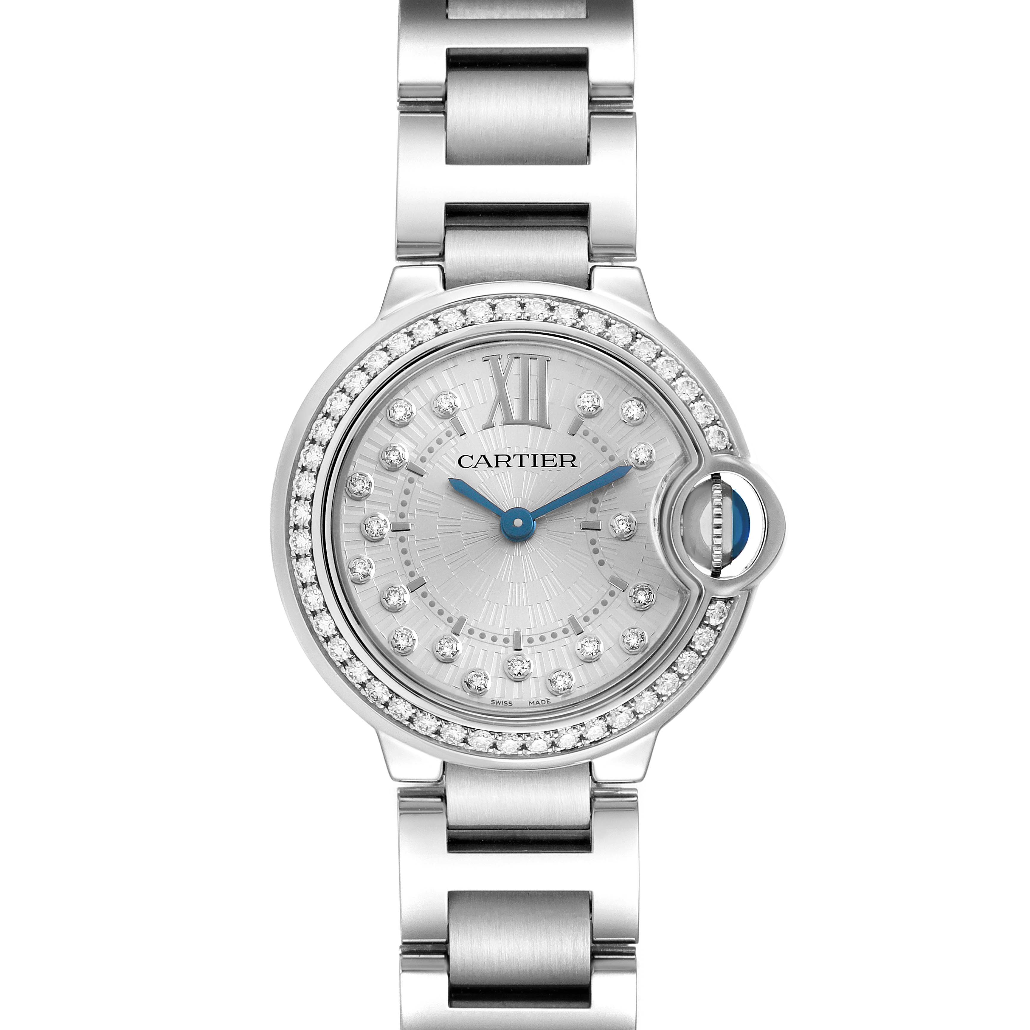 The image shows a frontal view of a Cartier Ballon Bleu W4BB0034 Women's Stainless Steel Silver Dial watch, highlighting its round dial, blue hands, diamond accents, and metal bracelet.