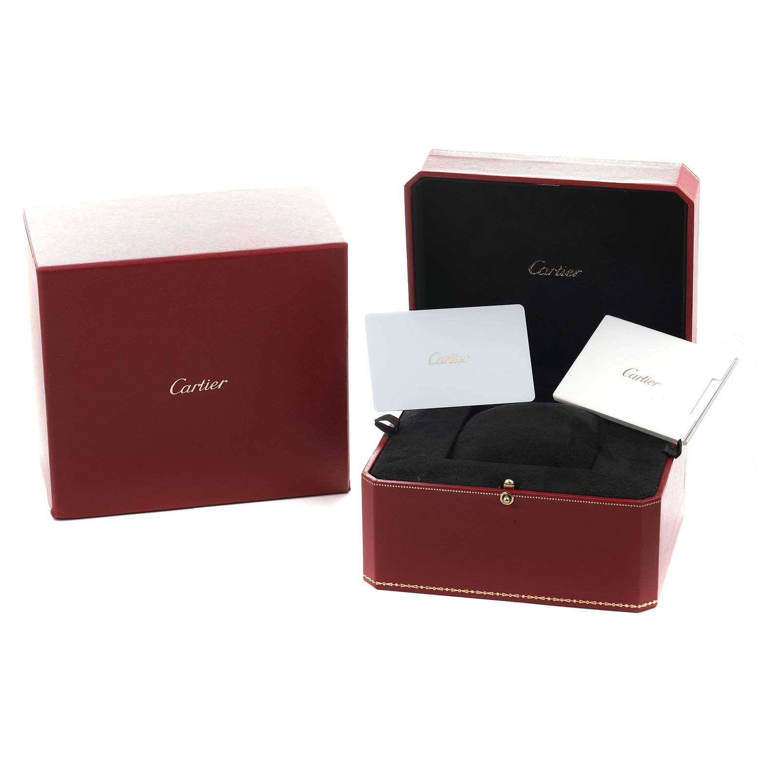 The image shows the packaging and accessories of a Cartier Ballon Bleu W4BB0034 Women's Stainless Steel Silver Dial watch with an open box and certificates.