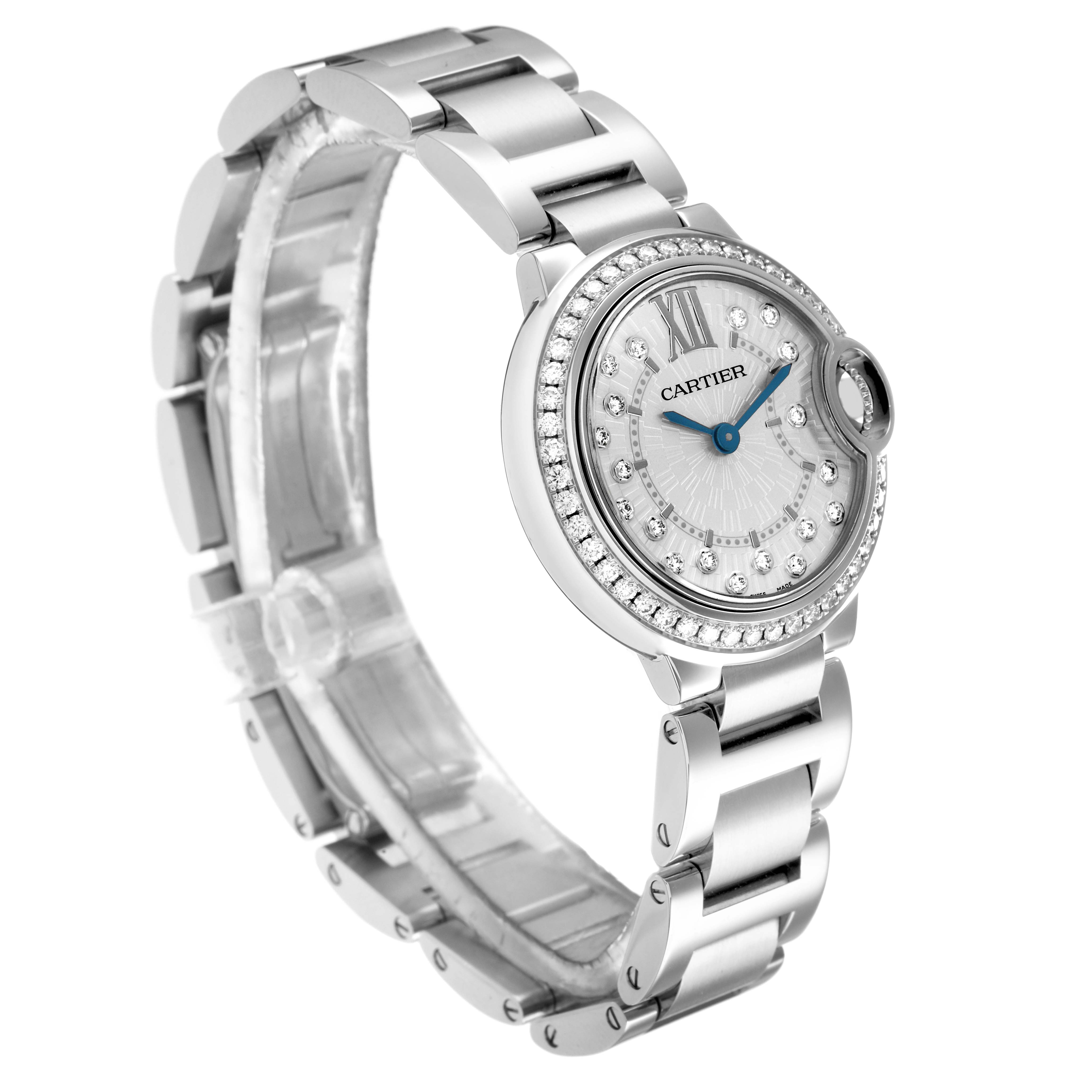 The Cartier Ballon Bleu W4BB0034 Women's Stainless Steel Silver Dial watch is shown at a three-quarter angle, displaying the face, bezel, and bracelet.