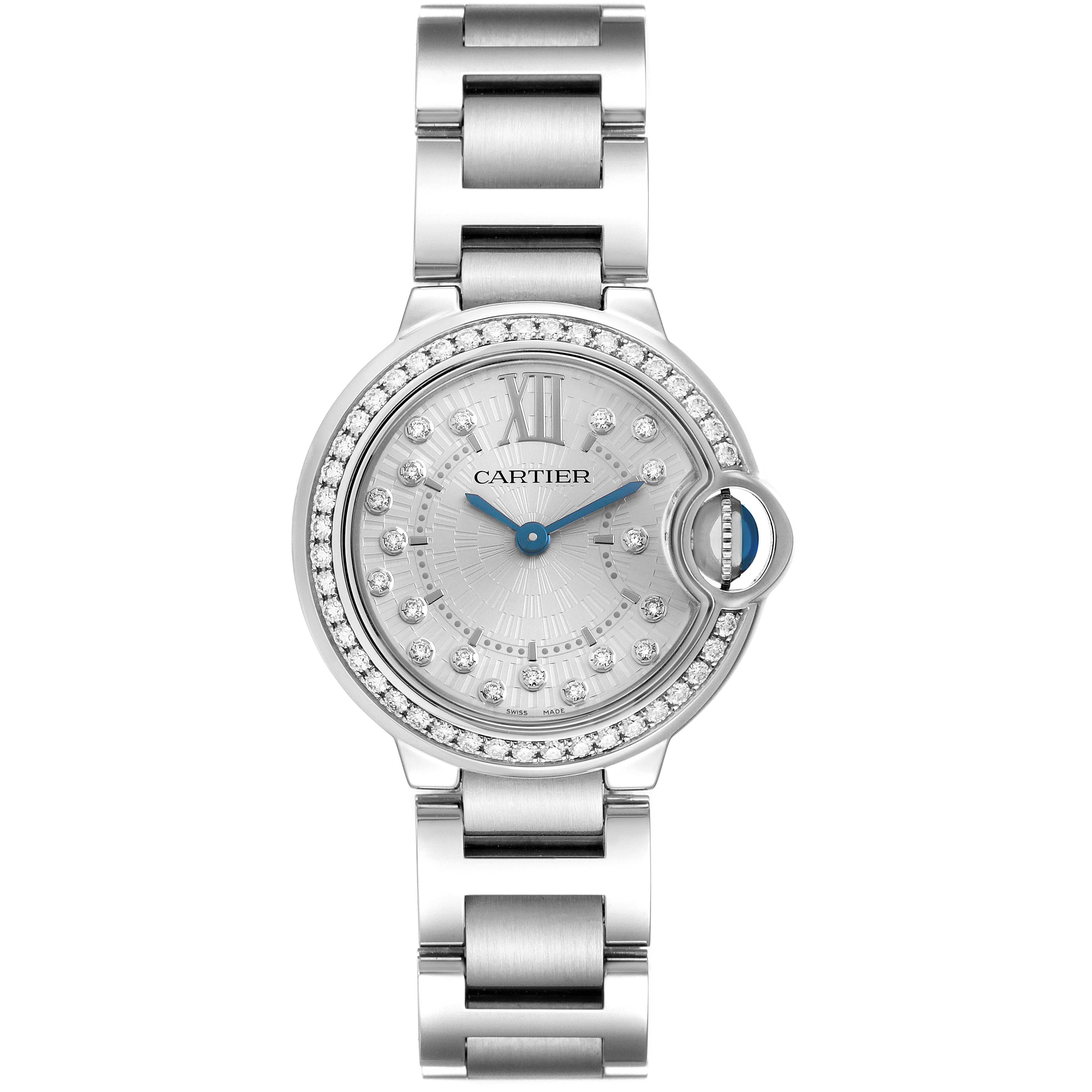 The Cartier Ballon Bleu W4BB0034 Women's Stainless Steel Silver Dial watch is shown from a top-down angle, highlighting its face, bezel, and bracelet.