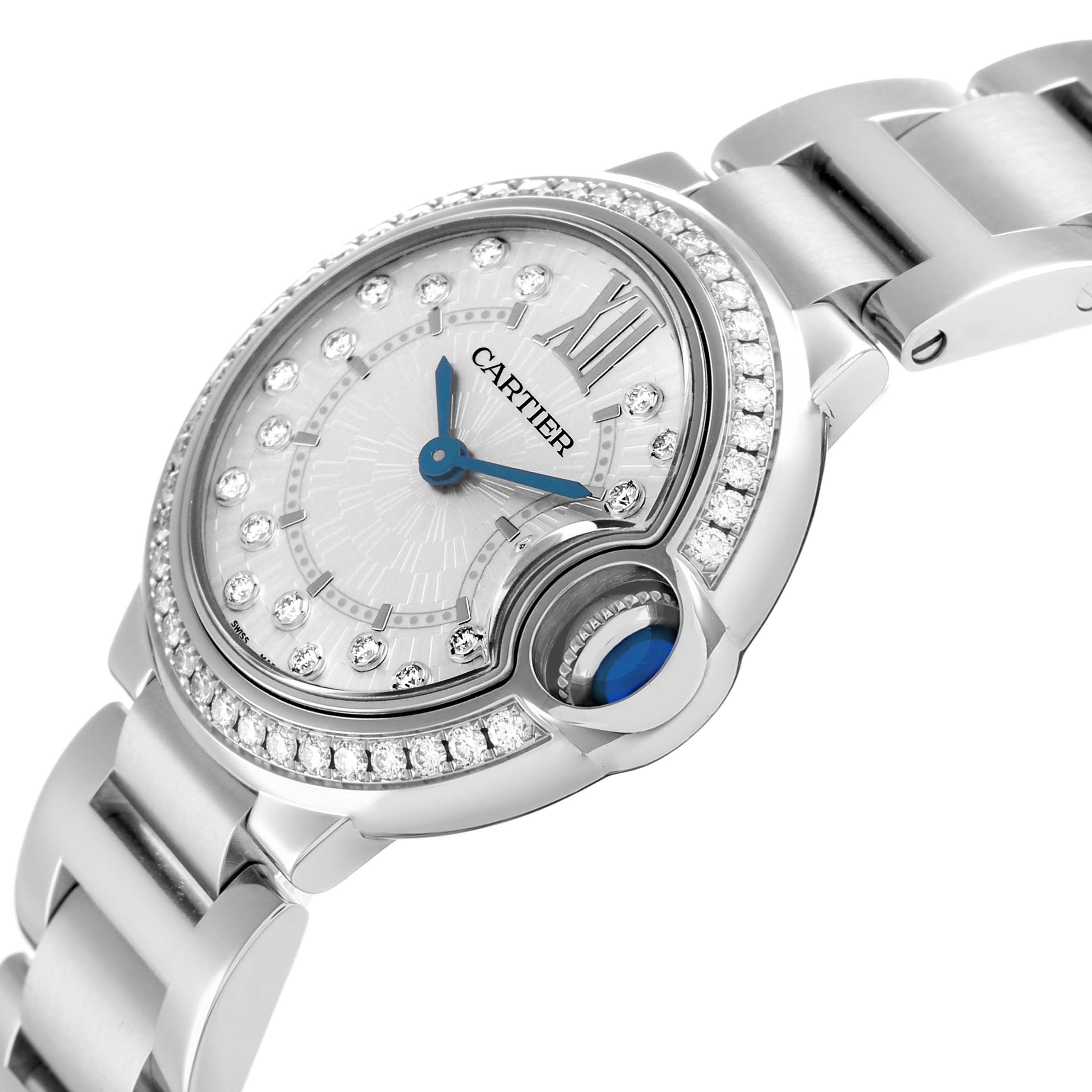 The Cartier Ballon Bleu W4BB0034 Women's Stainless Steel Silver Dial watch is shown at a side angle, highlighting the diamond bezel, silver dial, and blue hands.
