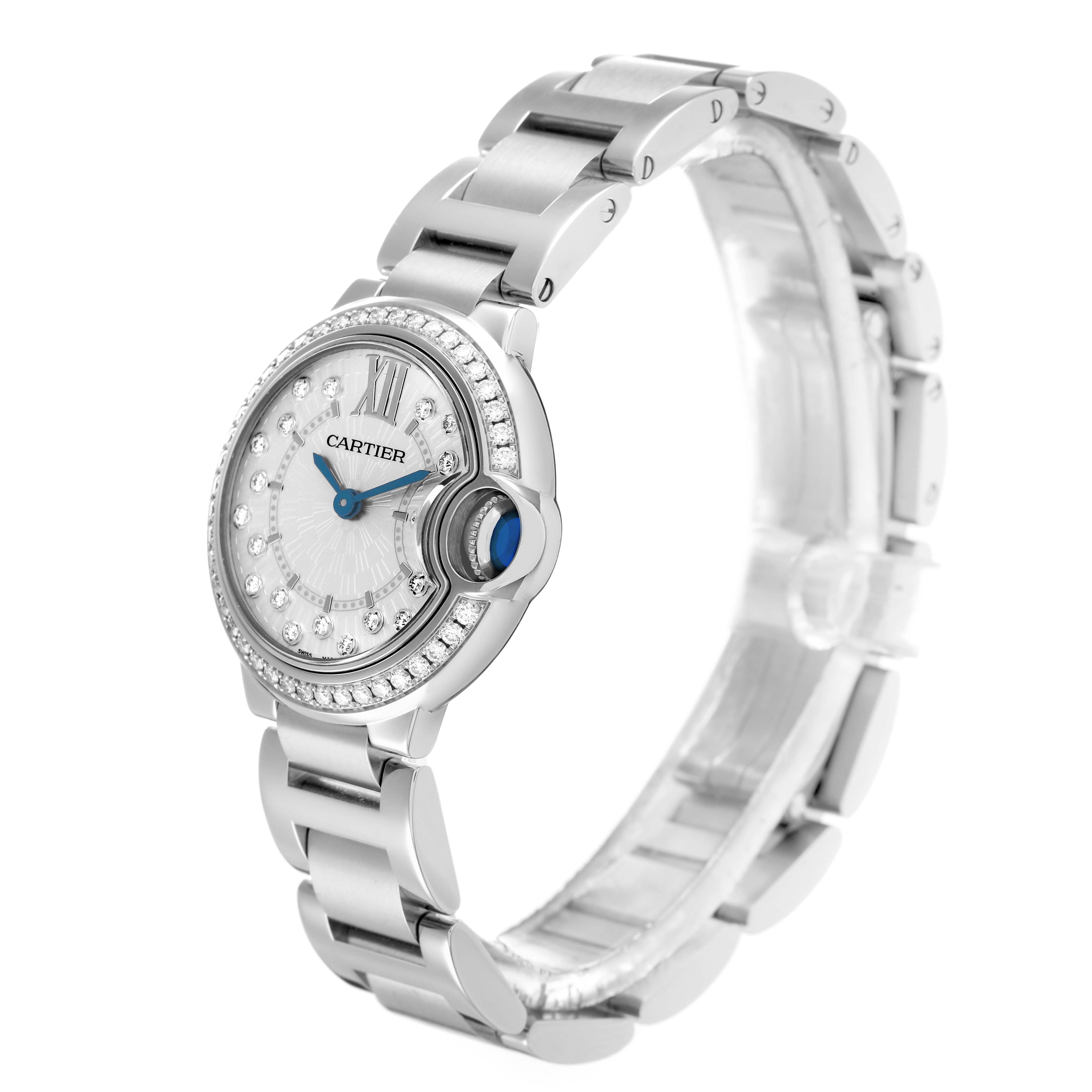 The Cartier Ballon Bleu W4BB0034 Women's Stainless Steel Silver Dial watch is shown at a three-quarter angle, highlighting its dial, crown, and bracelet.