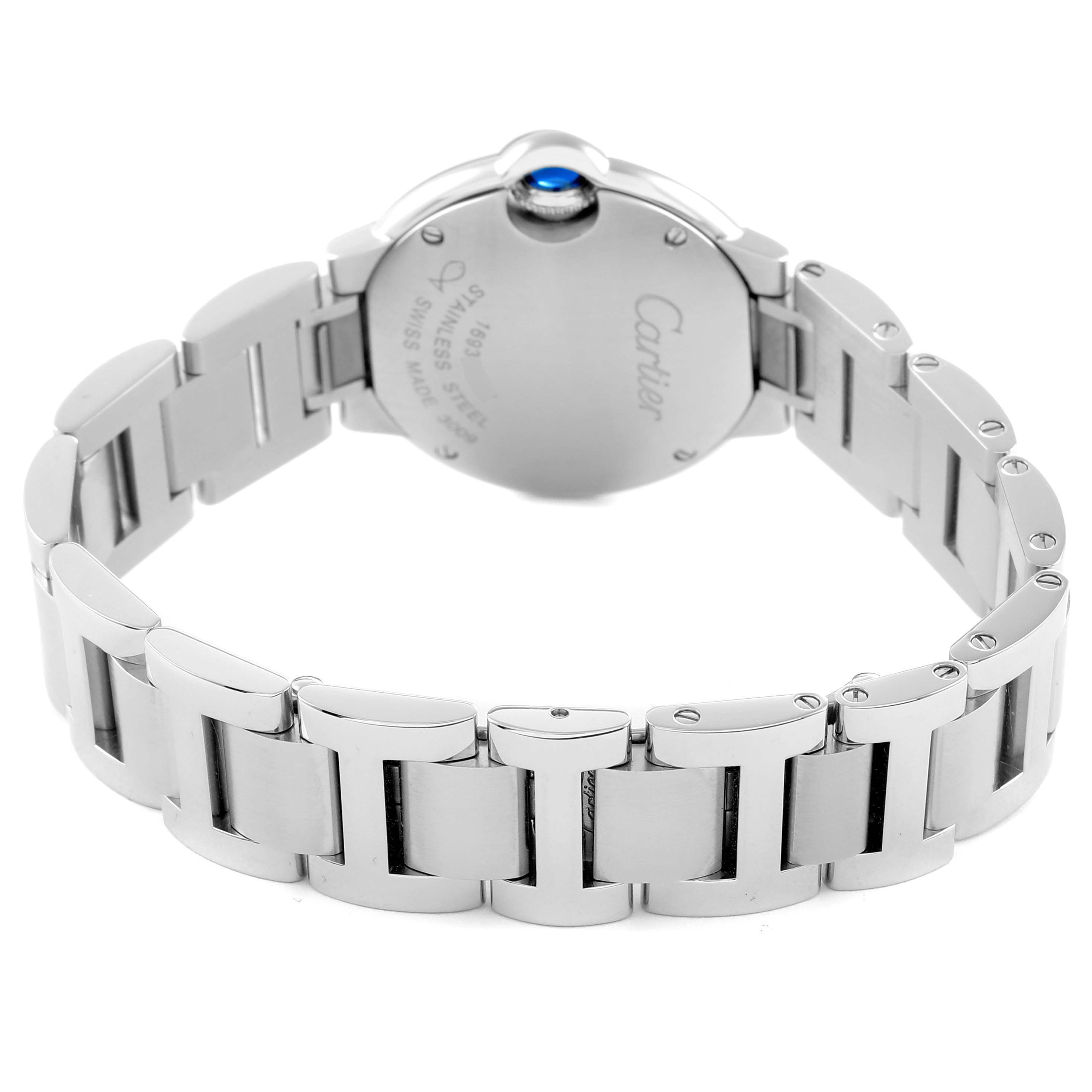 The image shows the back and bracelet of a Cartier Ballon Bleu W4BB0034 Women's Stainless Steel Silver Dial watch, highlighting the stainless steel links and crown.