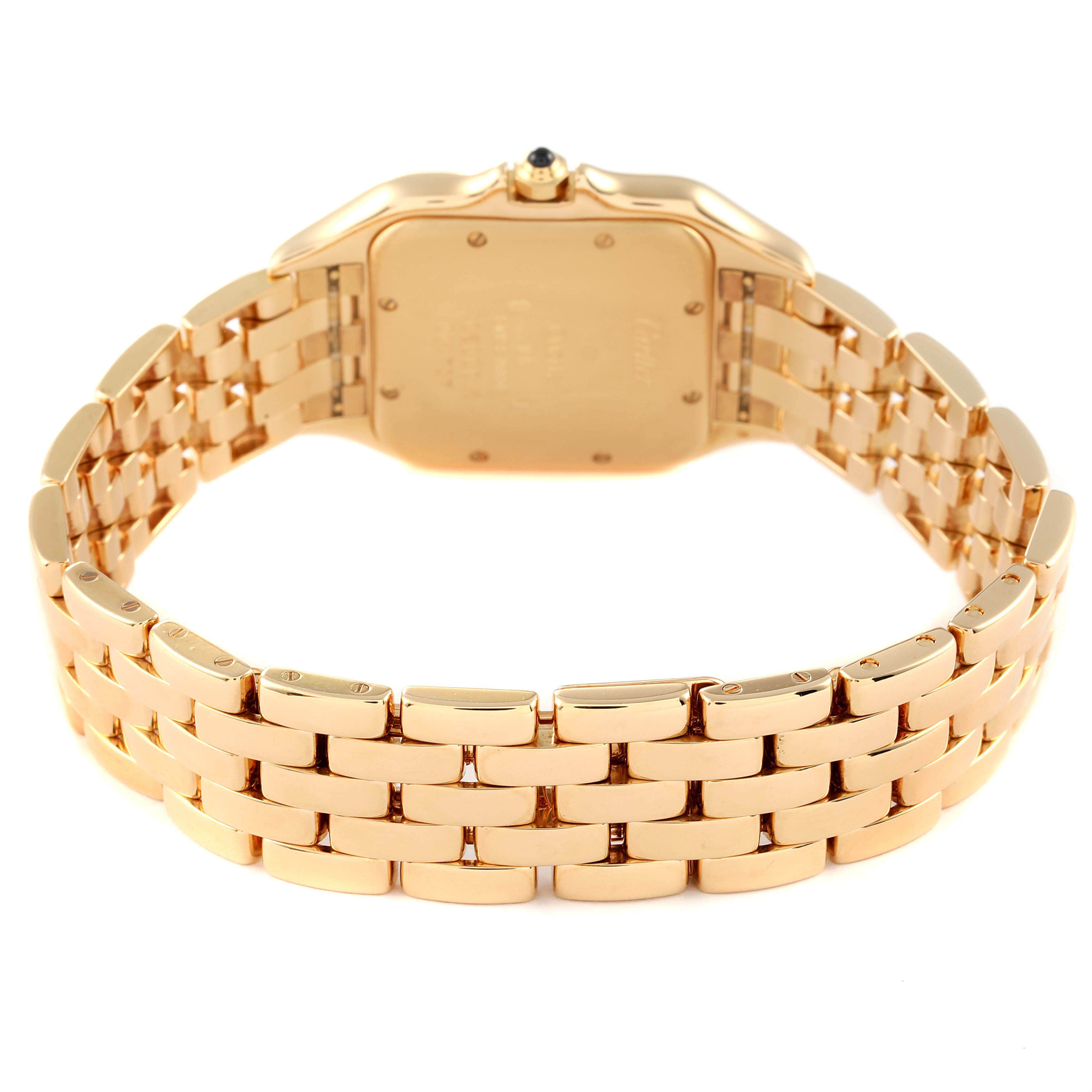 The image shows the back view and bracelet of a Cartier Panthere W25014B9 Women's Yellow Gold Silver Dial W25014B9 Women's Yellow Gold Silver Dial watch.