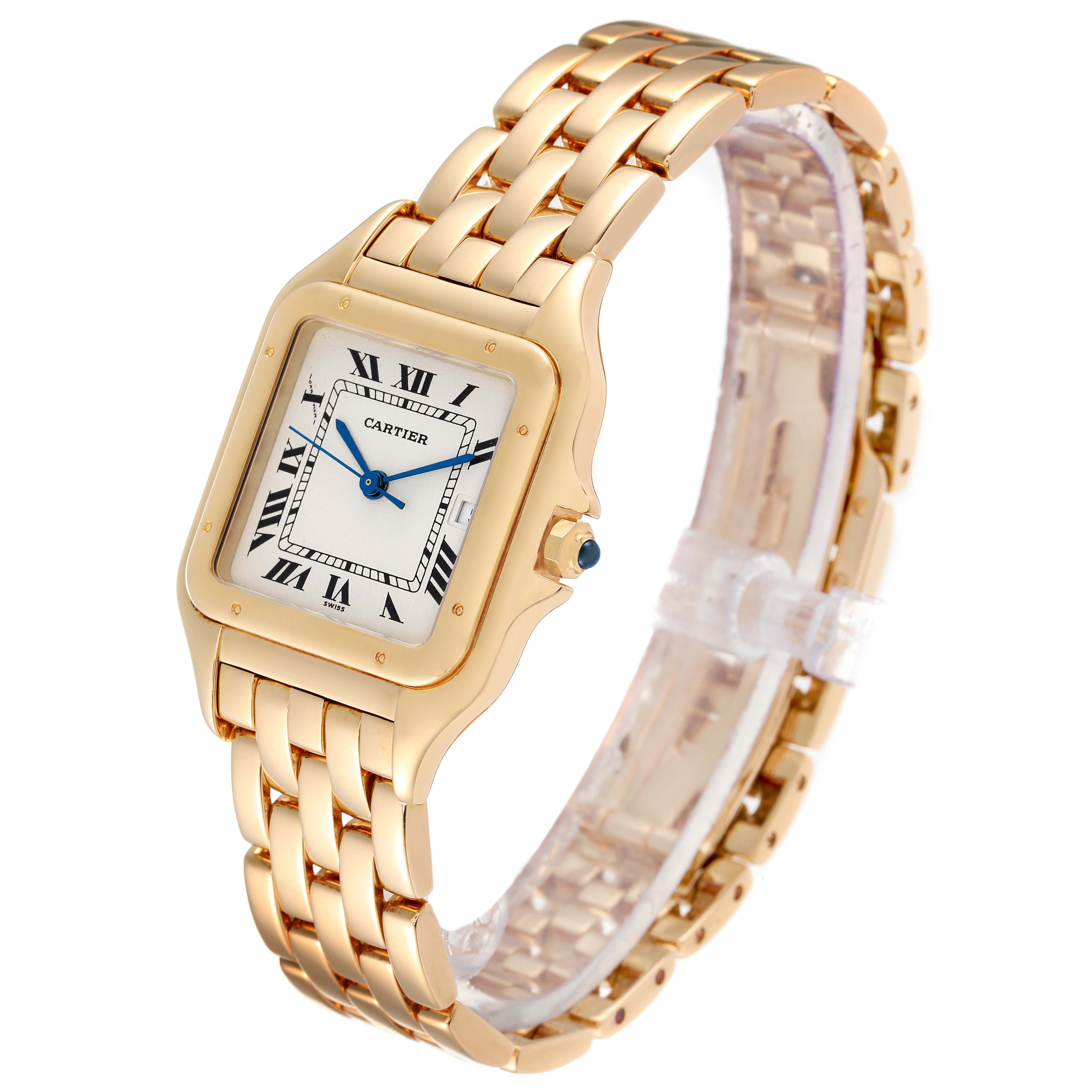 The image shows a Cartier Panthere W25014B9 Women's Yellow Gold Silver Dial W25014B9 Women's Yellow Gold Silver Dial model watch at a three-quarter angle, revealing the face and gold bracelet.